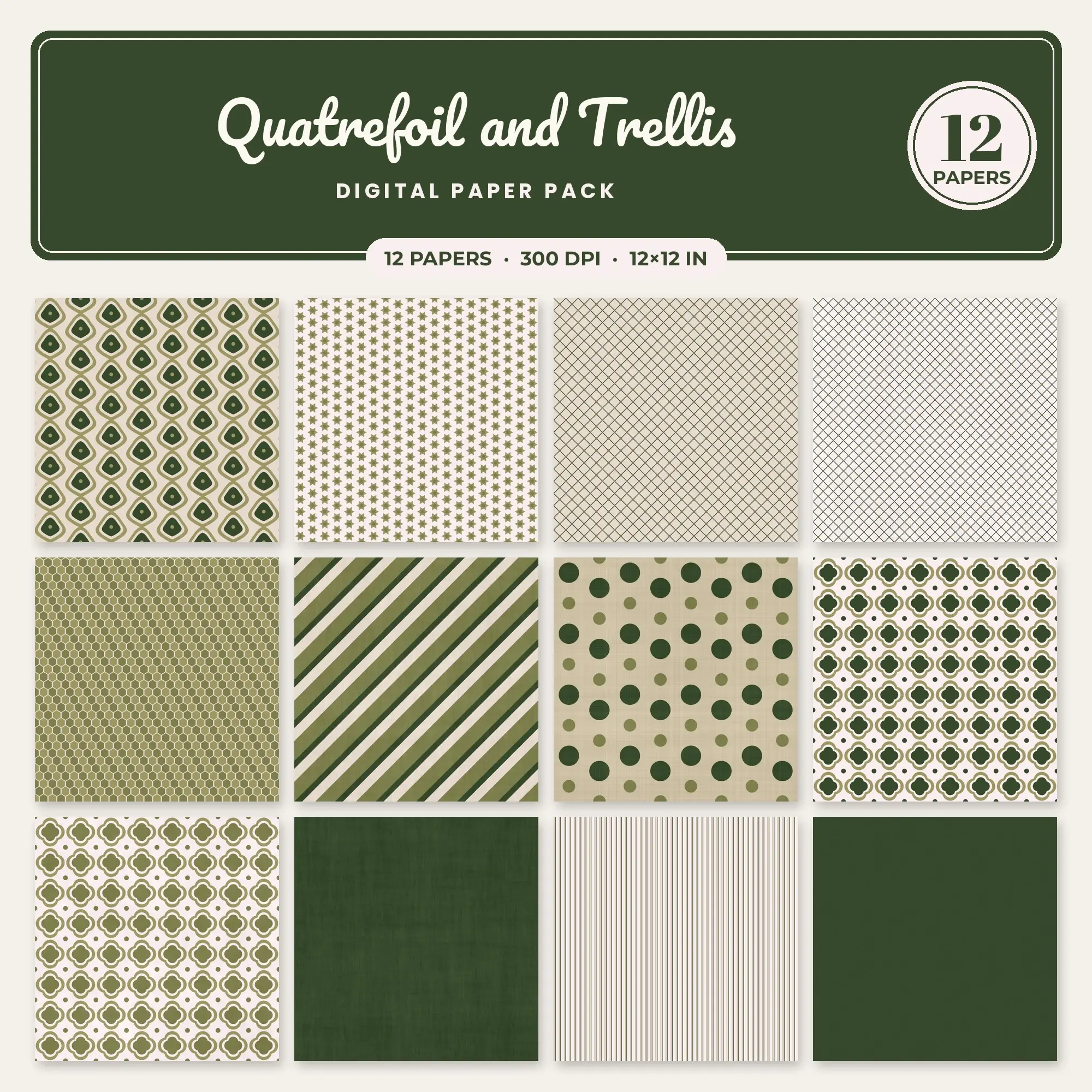 Quatrefoil and Trellis Digital Paper – 12 Seamless Olive & Hunter Green Patterns preview
