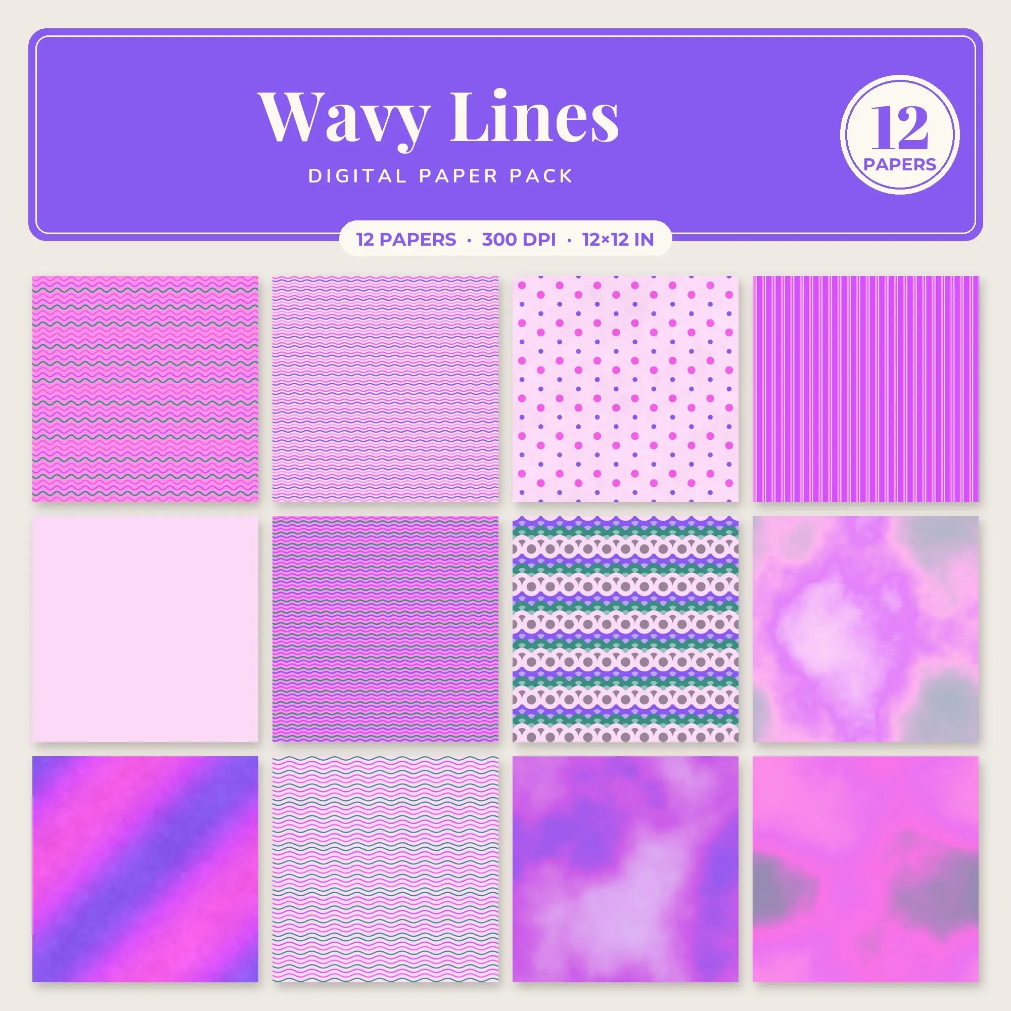 Wavy Lines Seamless Pattern Papers in Amethyst and Fuchsia – 12 Pack preview