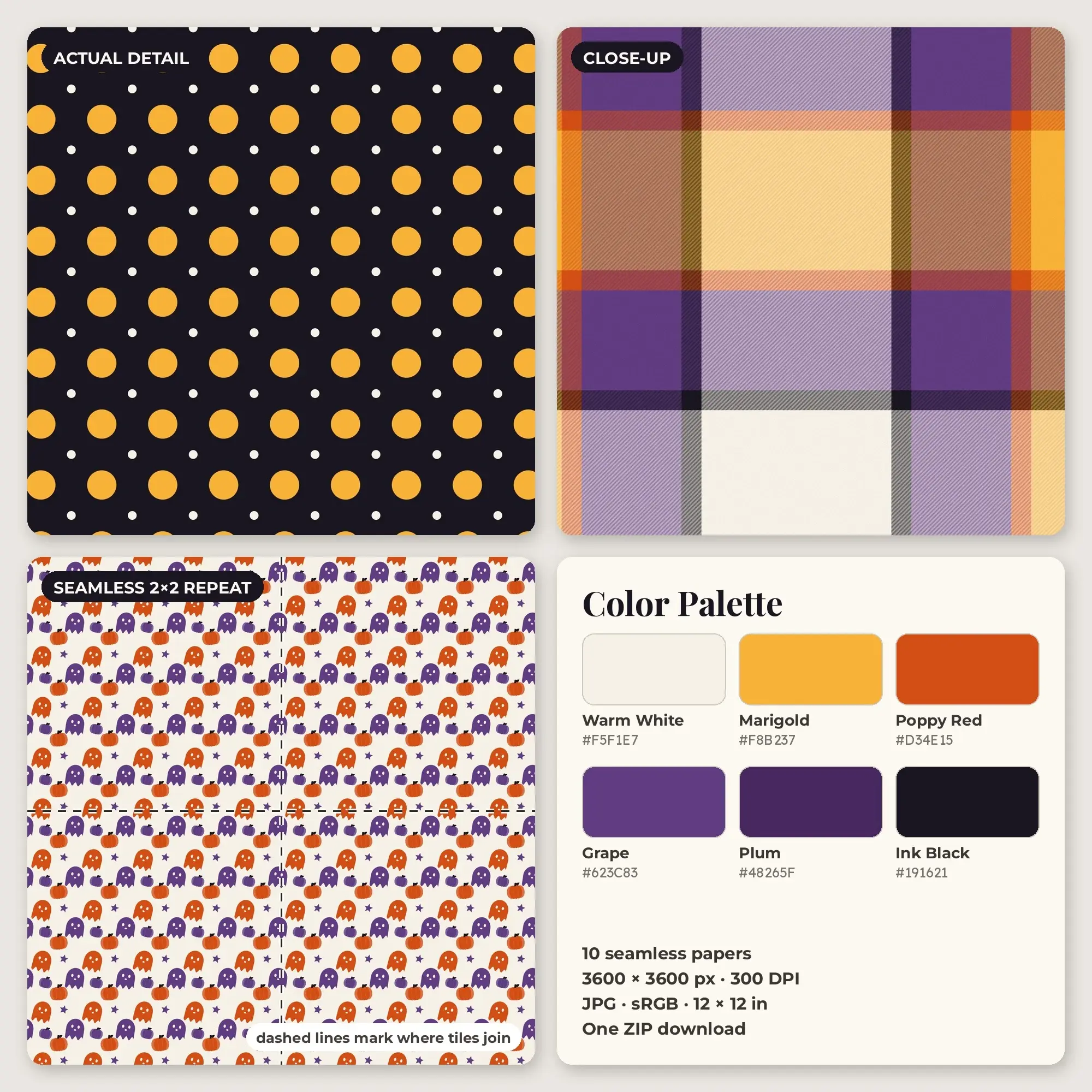 Marigold & Poppy Red Spooky Night Seamless Digital Paper – 10 Papers, 12x12 JPG, preview 2 of 2