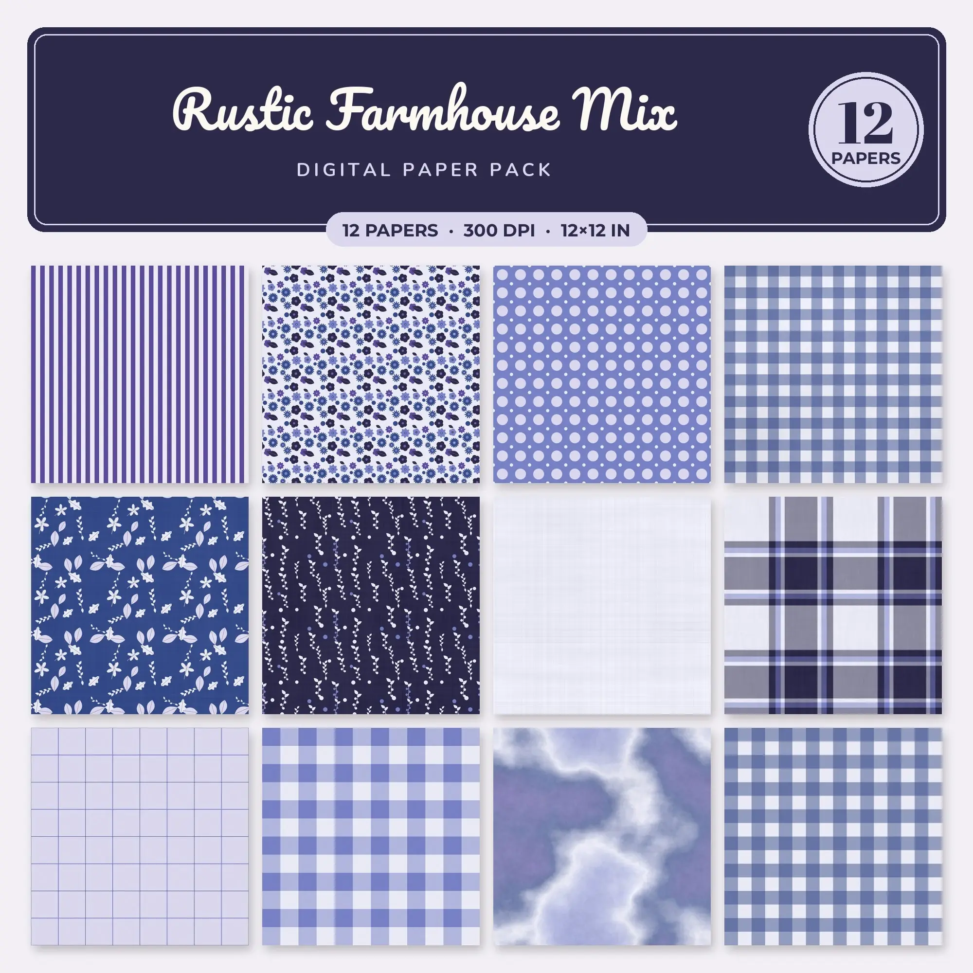 Periwinkle & Indigo Rustic Farmhouse Mix Digital Paper Pack – 12 Seamless Patterns preview