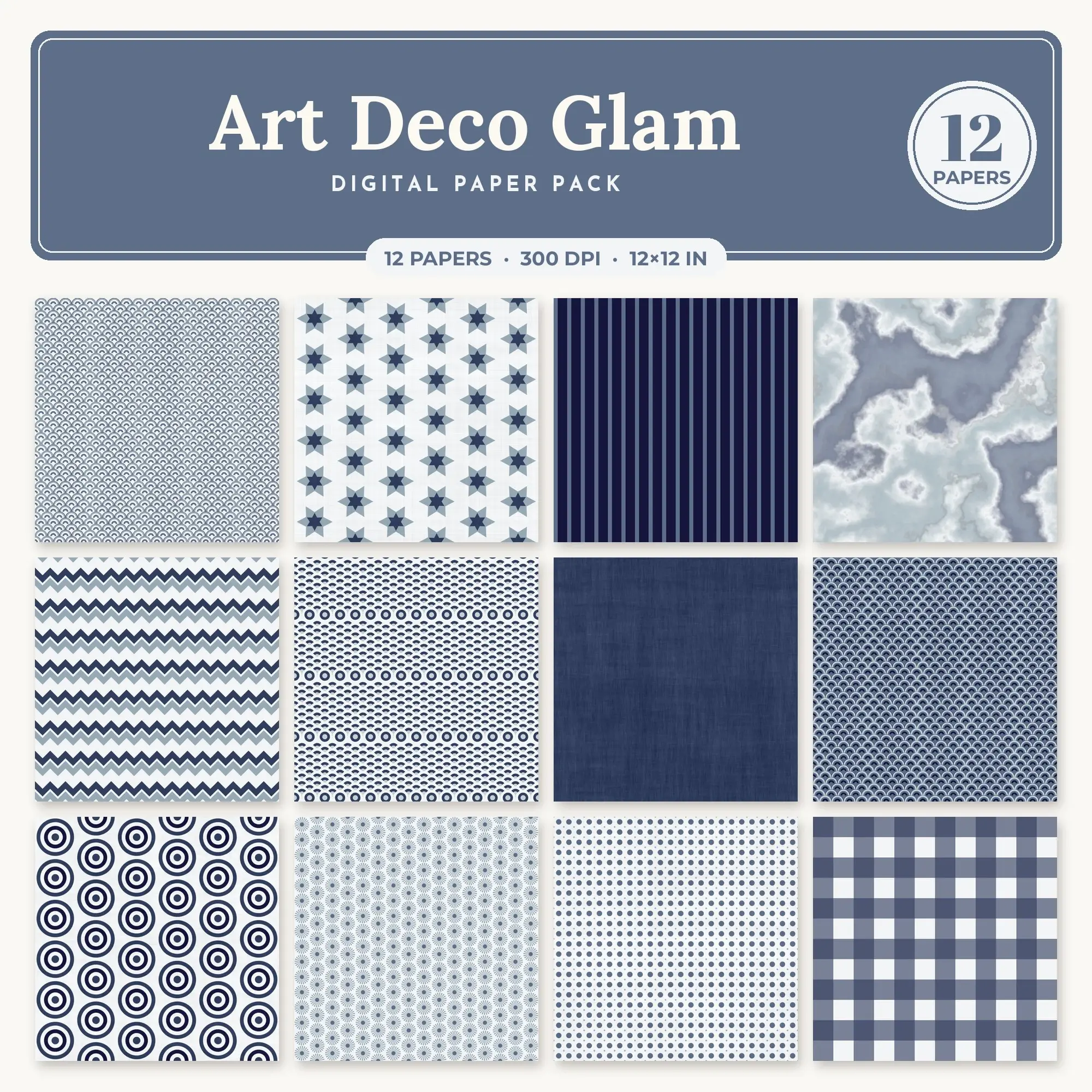 Midnight Blue & Navy Art Deco Glam Digital Paper Pack – 12 Seamless Patterns preview