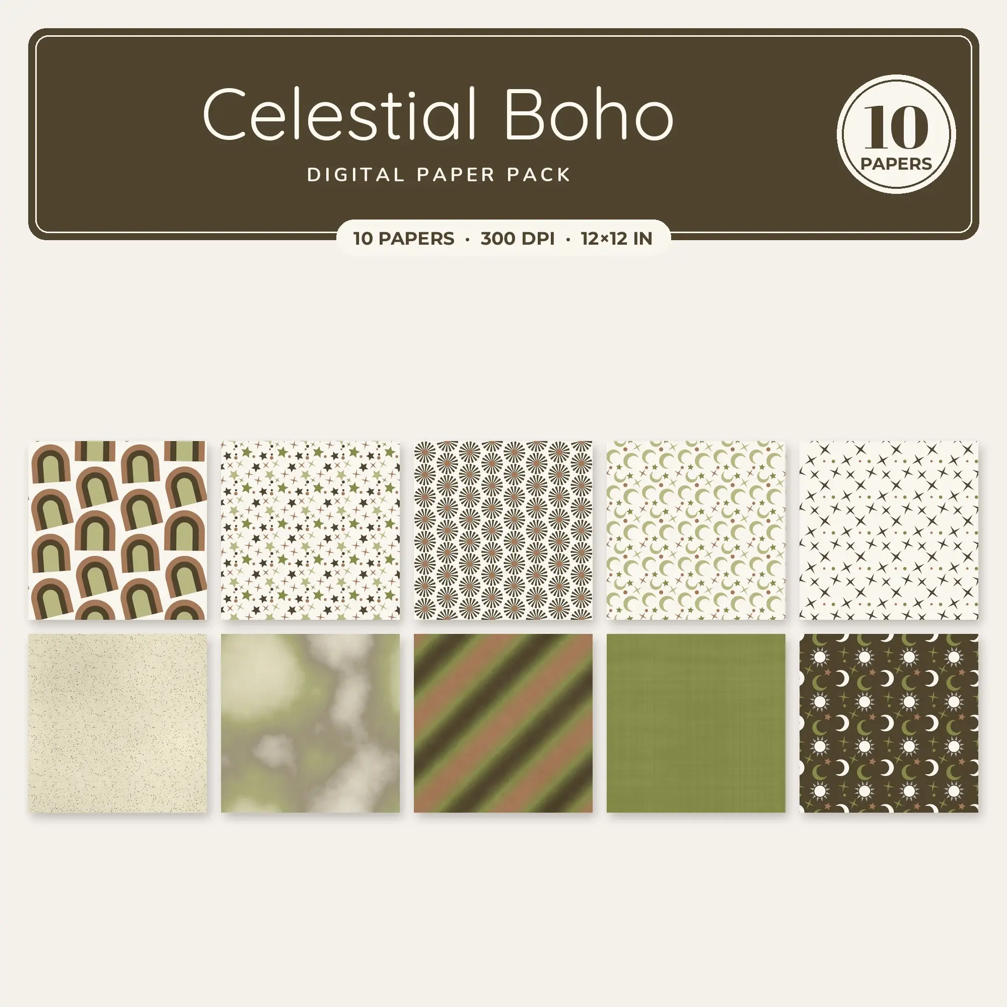 Celestial Boho Digital Paper – 10 Seamless Camel & Olive Patterns preview