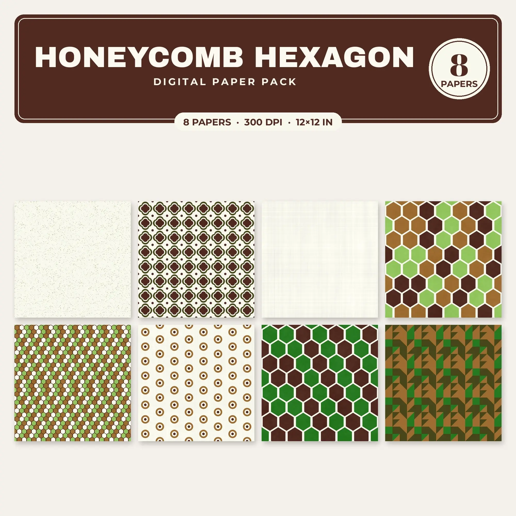 Honeycomb Hexagon Seamless Pattern Papers in Leaf Green and Caramel – 8 Pack preview