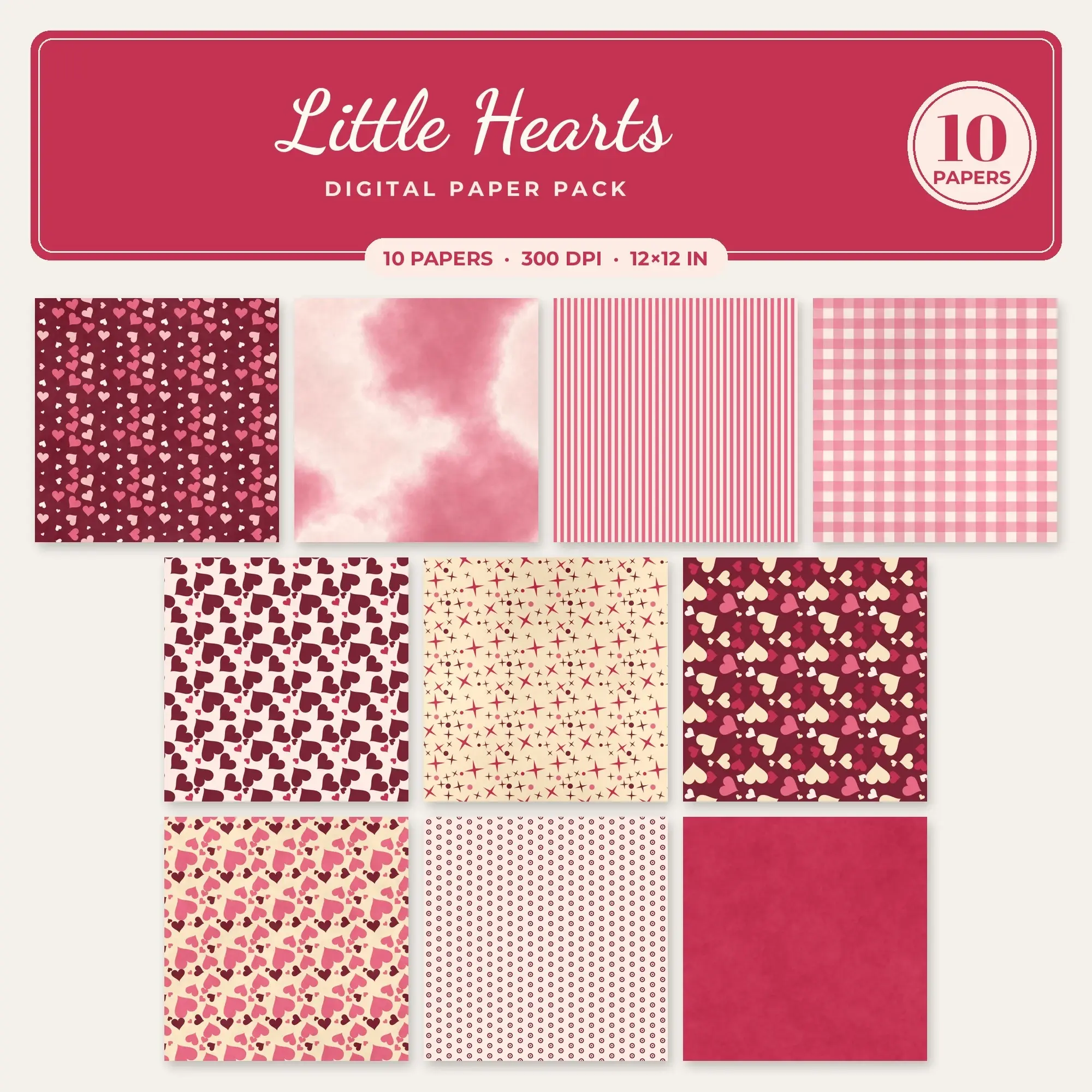 Watermelon & Raspberry Little Hearts Seamless Digital Paper – 10 Papers, 12x12 JPG preview