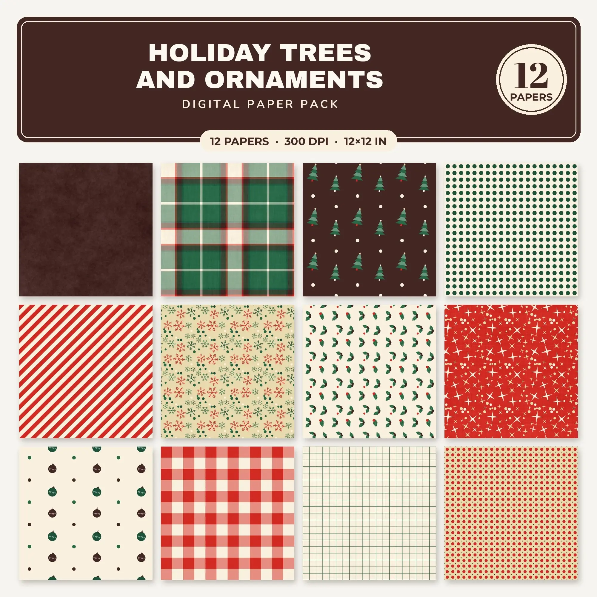 Poppy Red Holiday Trees and Ornaments Seamless Digital Paper Pack, 12 Papers 12x12 preview