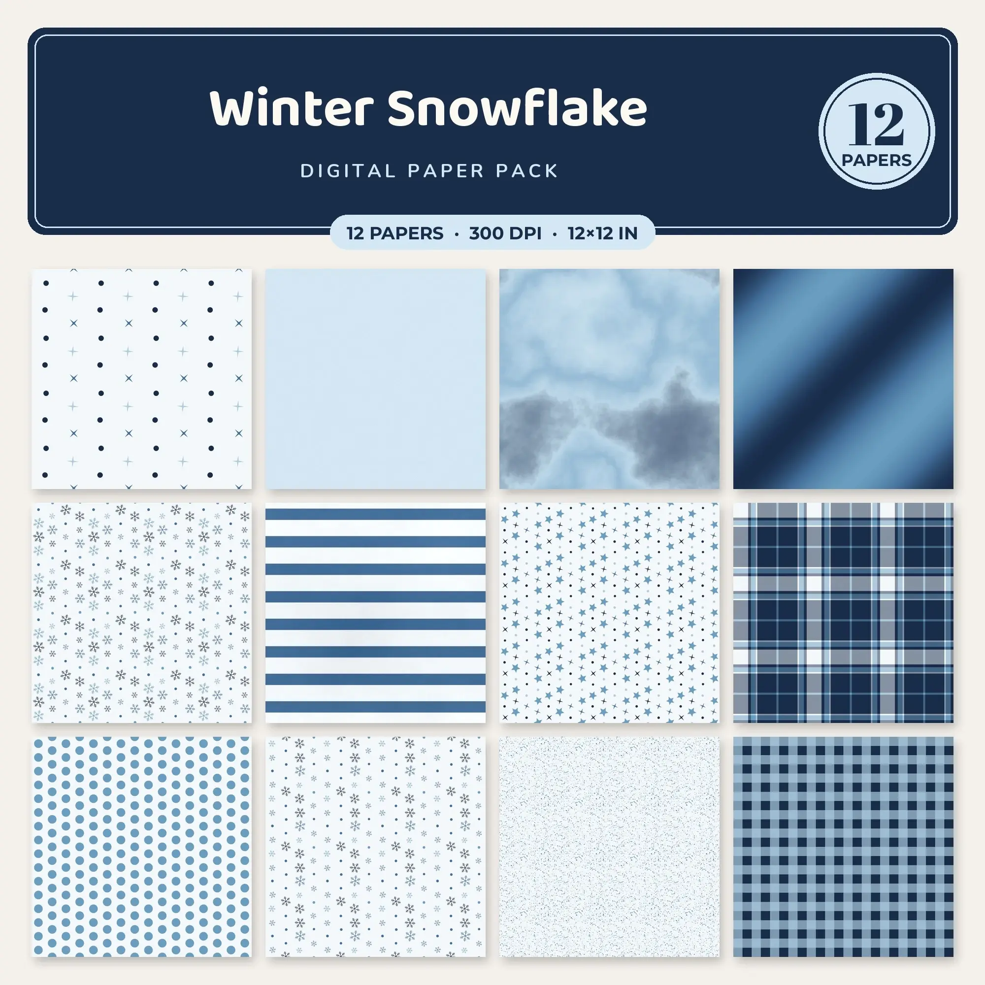 Winter Snowflake Seamless Pattern Papers in Steel Blue and Powder Blue – 12 Pack preview