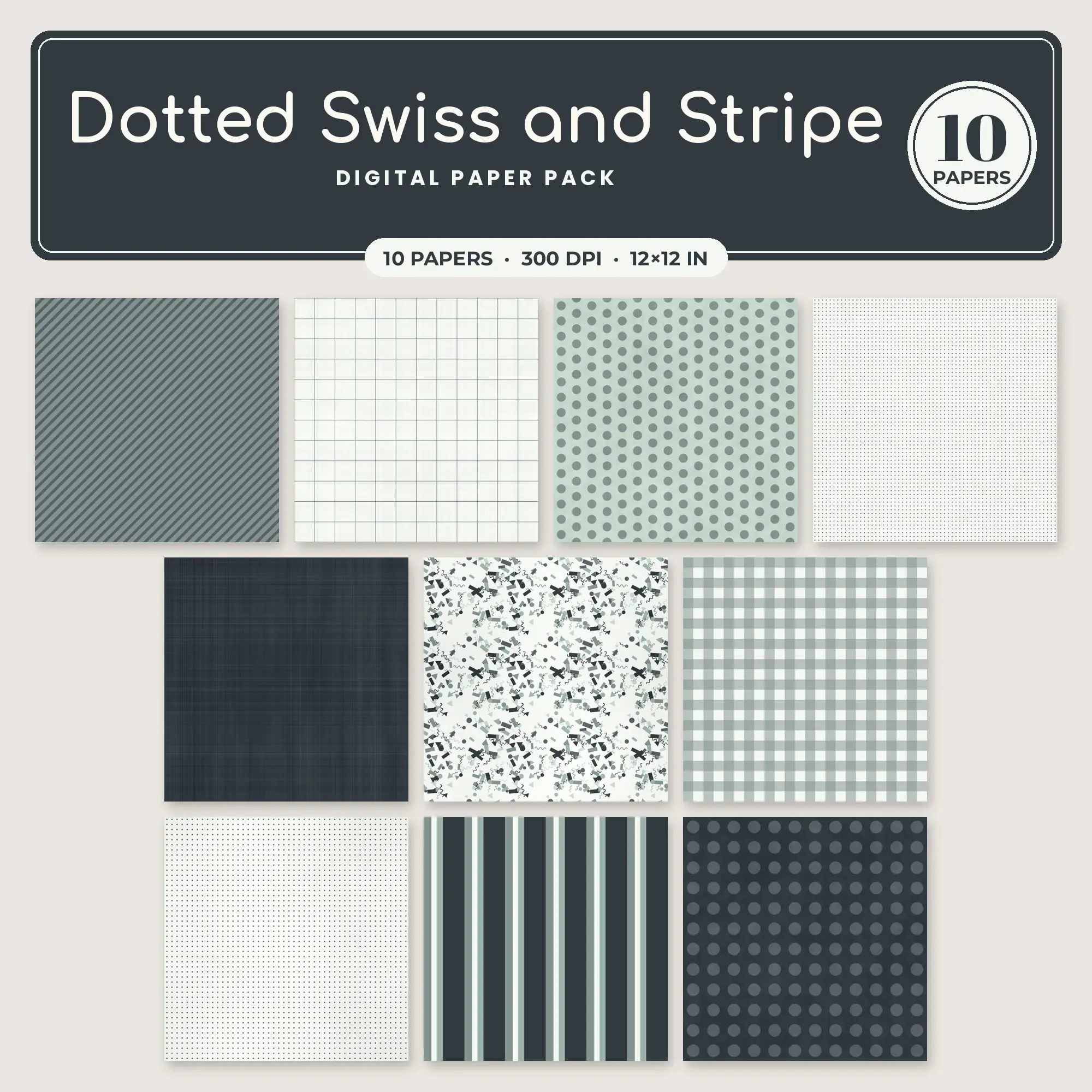 Mint & Eucalyptus Dotted Swiss and Stripe Seamless Digital Paper – 10 Papers, 12x12 JPG preview