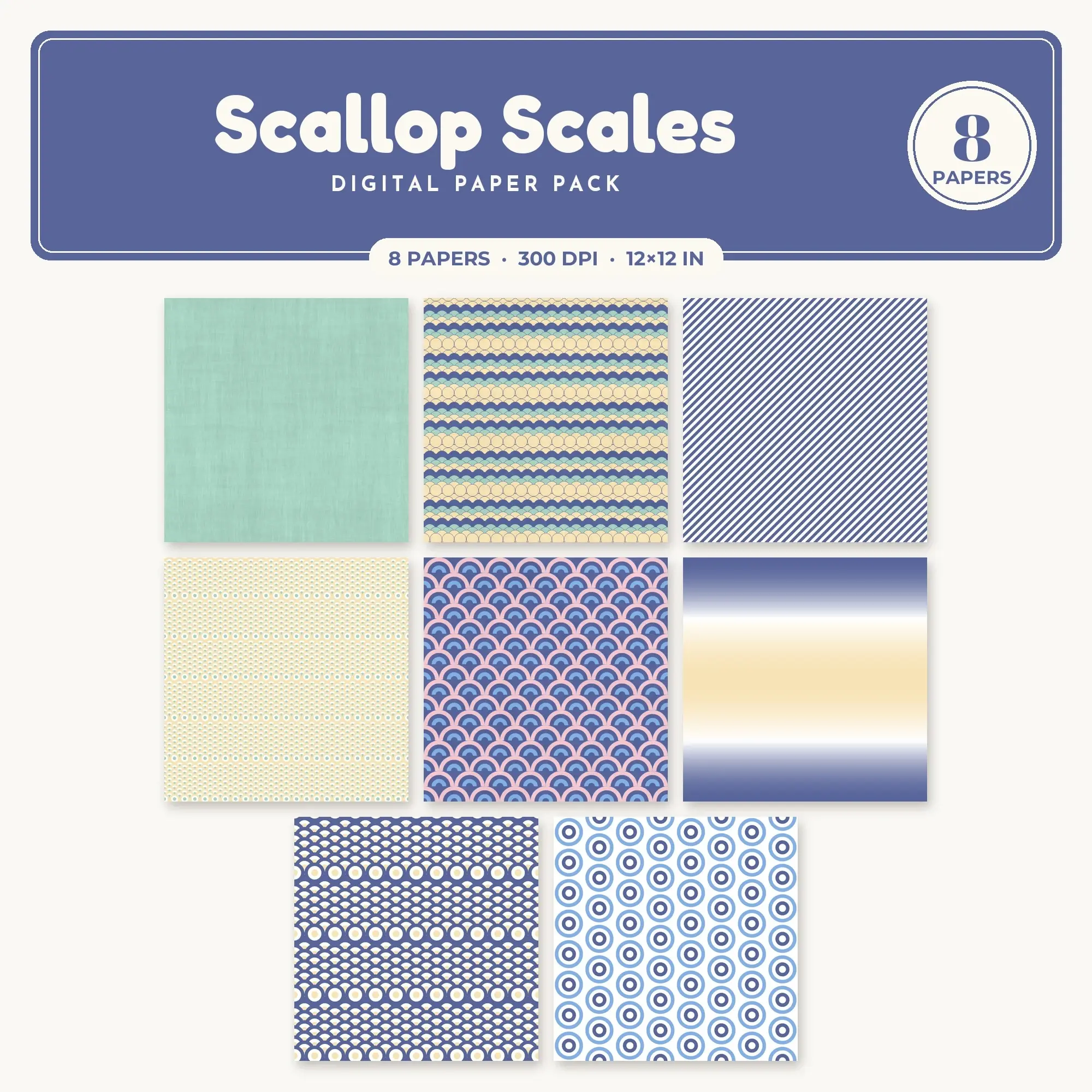 Cornflower & Petal Pink Scallop Scales Seamless Digital Paper – 8 Papers, 12x12 JPG preview