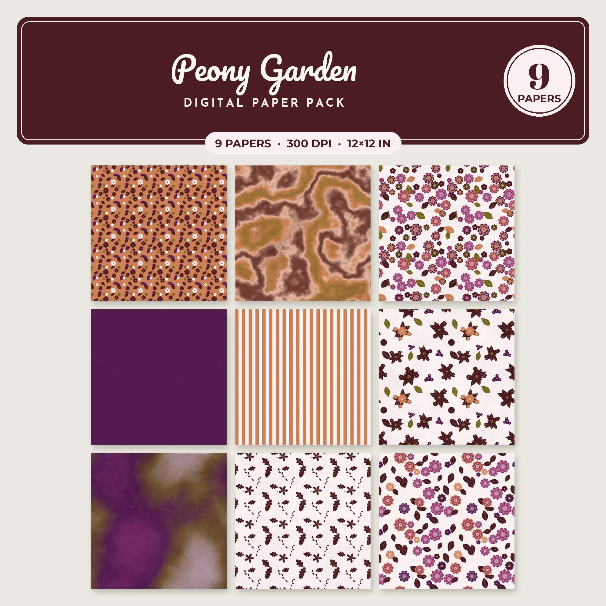 Peony Garden Seamless Pattern Papers in Copper and Olive – 9 Pack preview