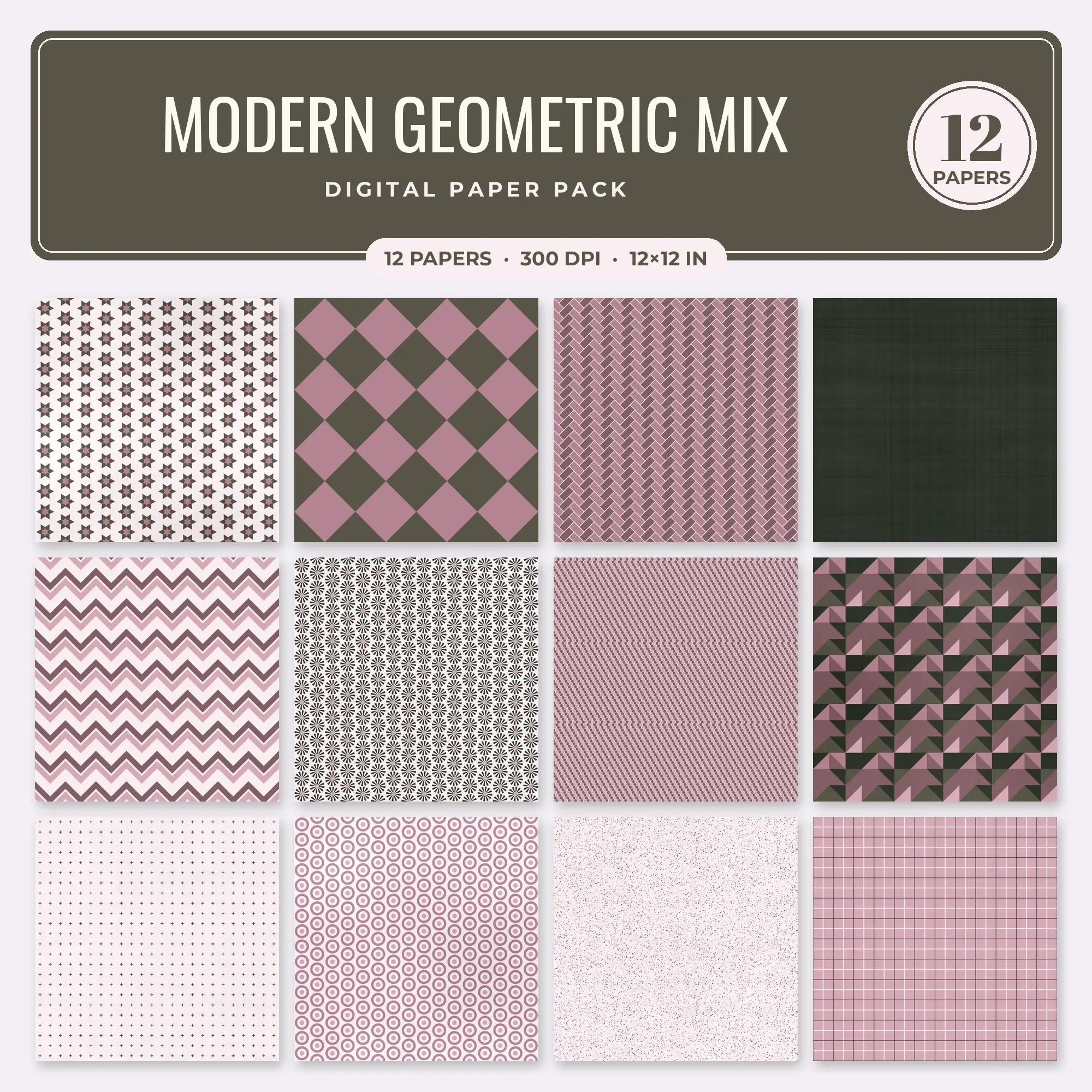 Dusty Rose & Mauve Modern Geometric Mix Seamless Digital Paper – 12 Papers, 12x12 JPG preview
