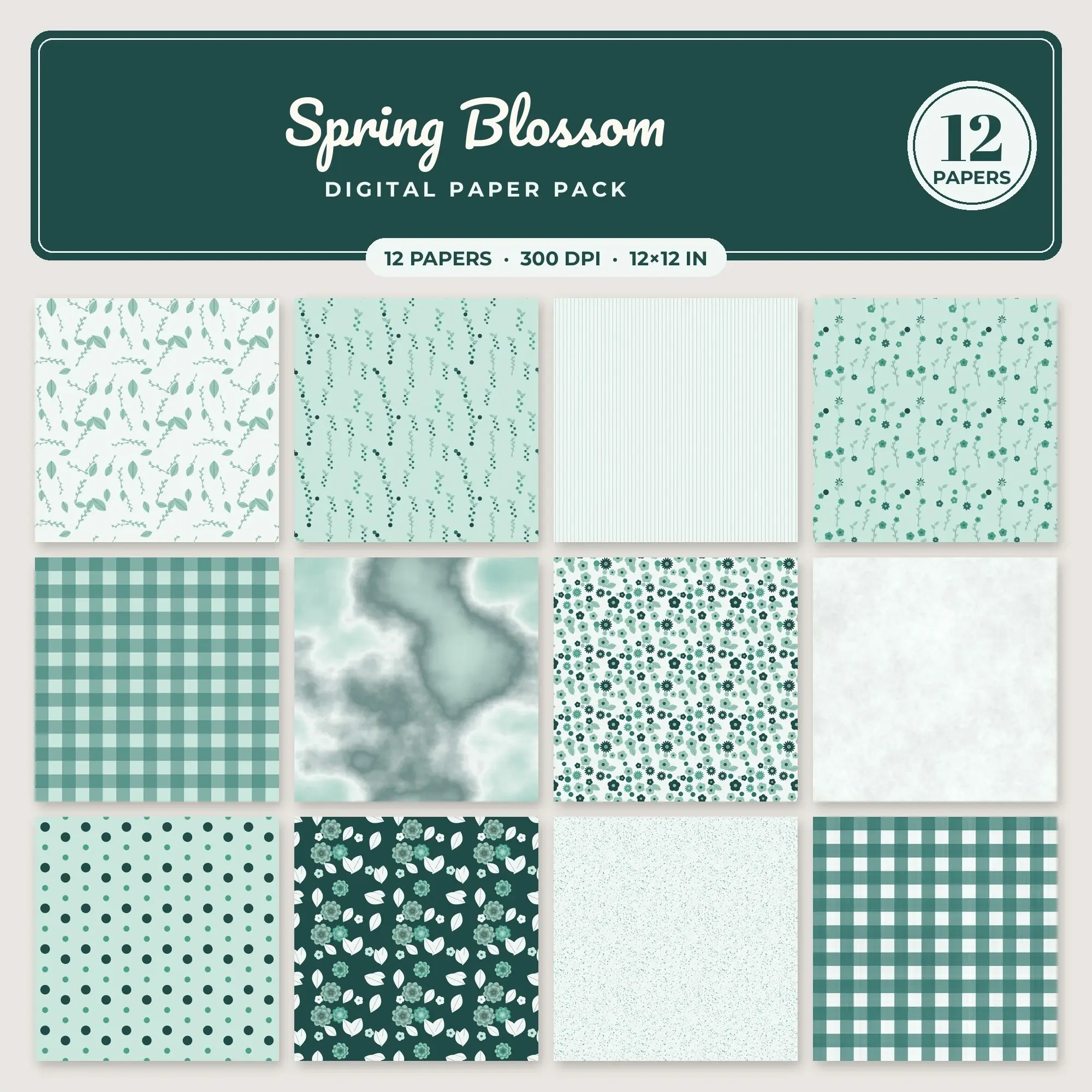 Spring Blossom Seamless Pattern Papers in Teal and Jade – 12 Pack preview