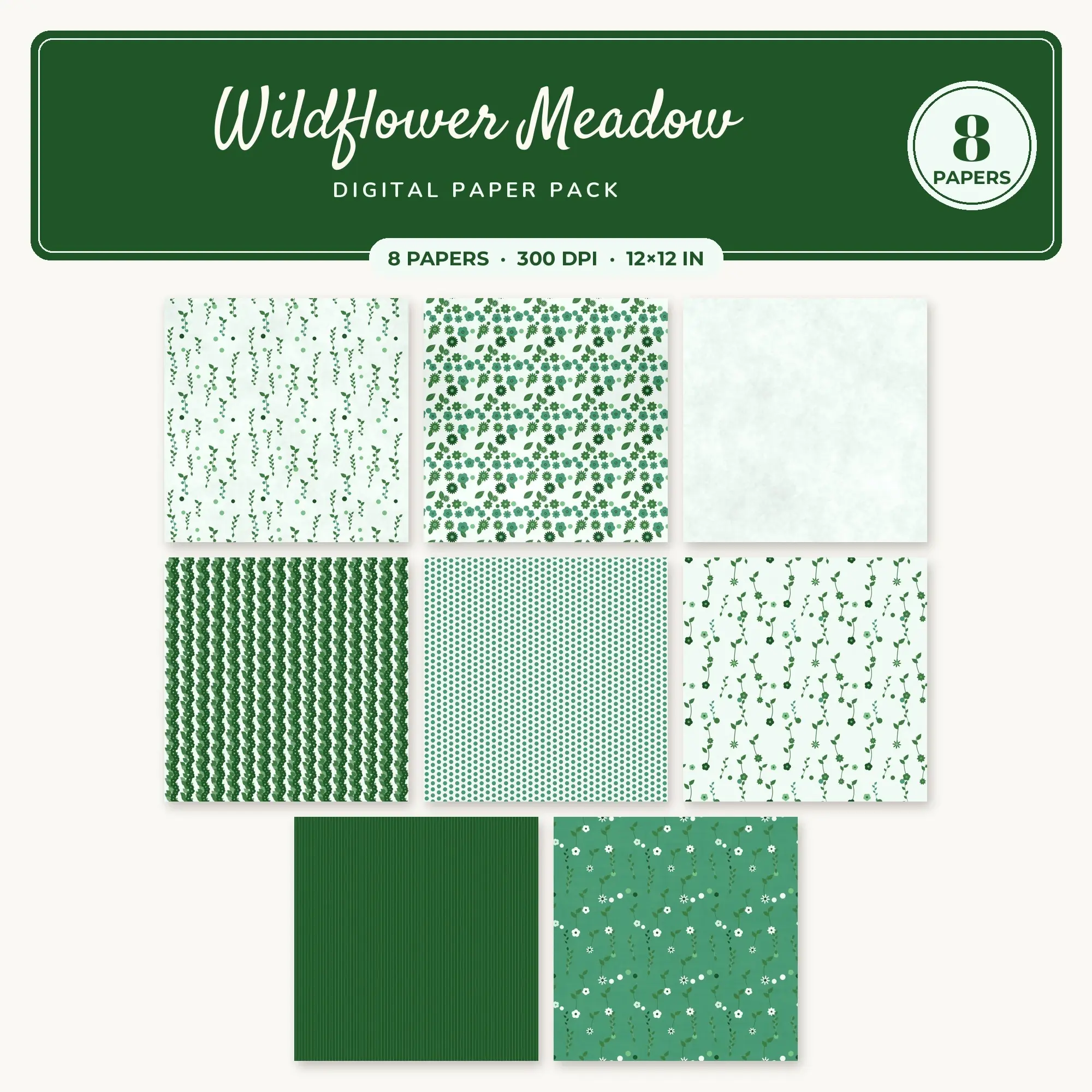 8 Spring Green Wildflower Meadow Seamless Patterns – Digital Paper preview