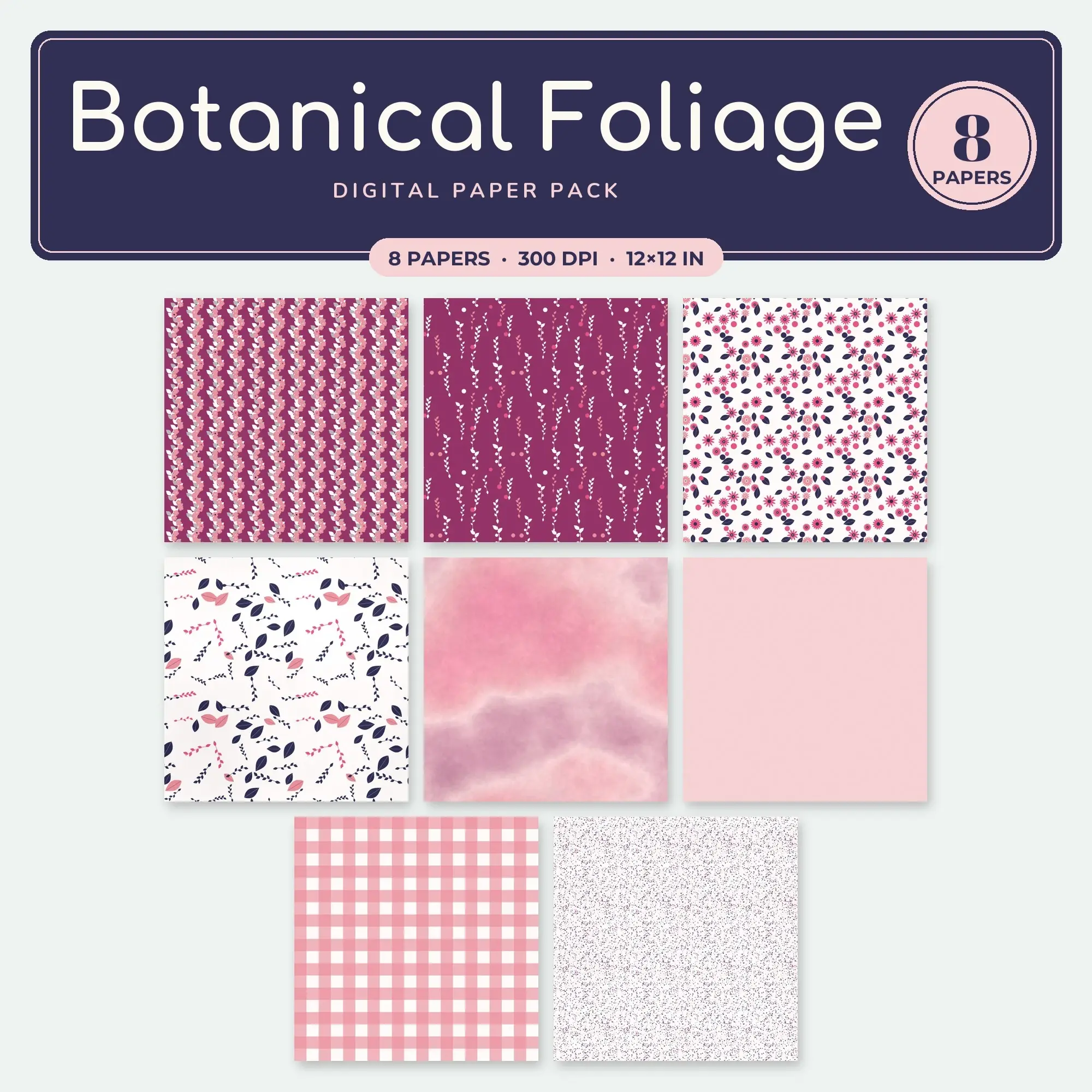 8 Hot Pink Botanical Foliage Seamless Patterns – Digital Paper preview