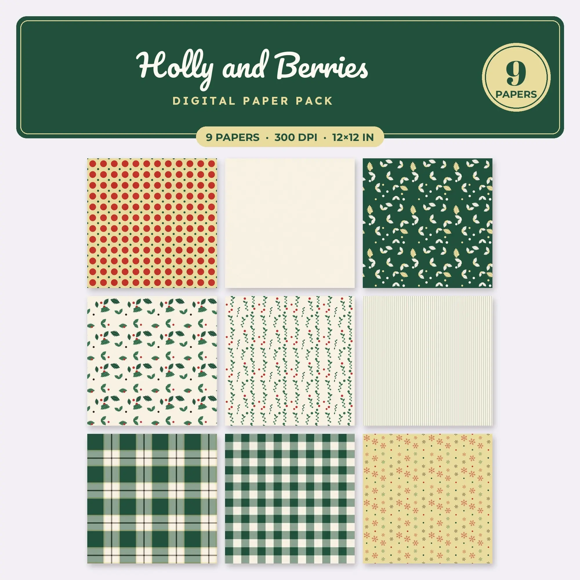 Cherry Red & Pine Holly and Berries Digital Paper Pack – 9 Seamless Patterns preview