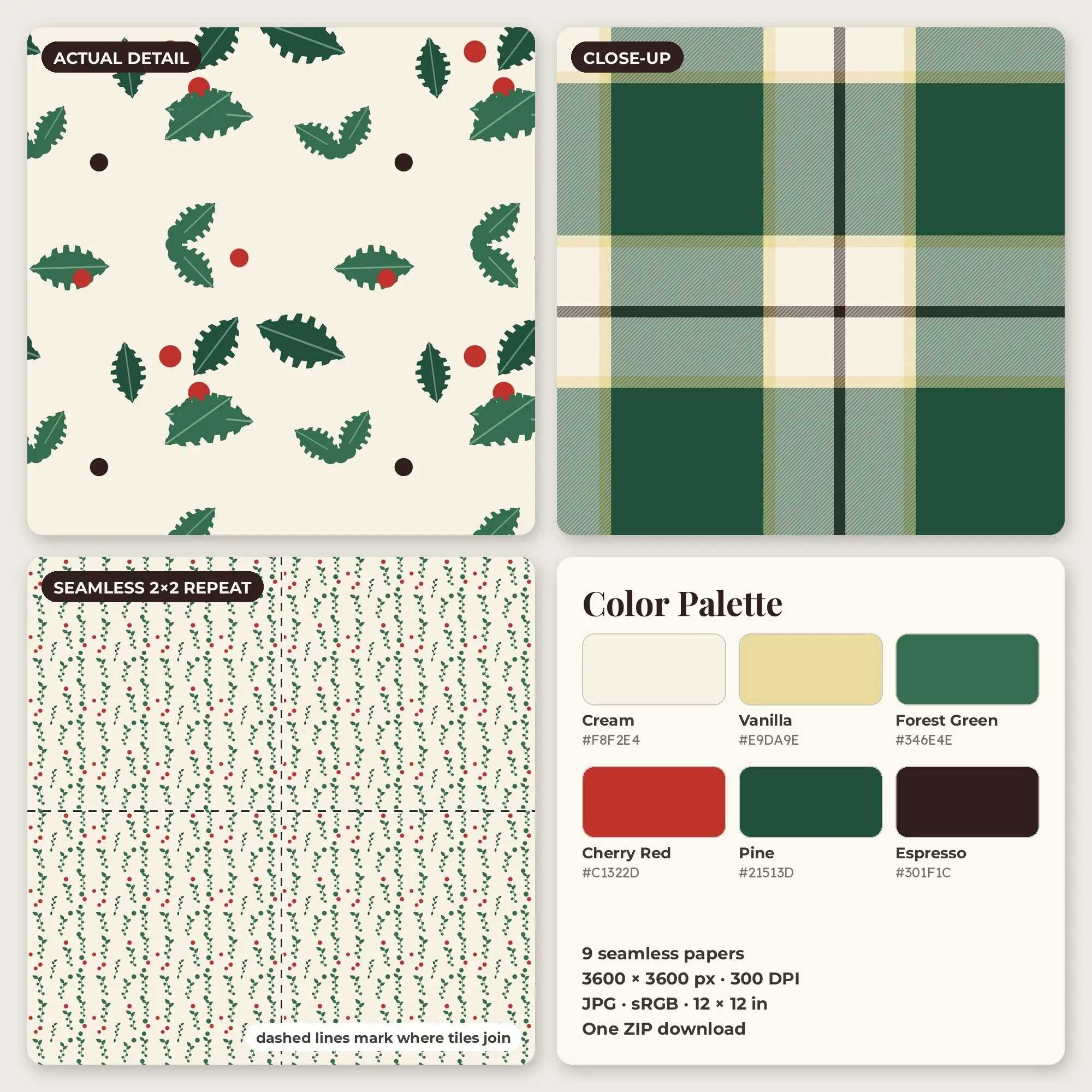 Cherry Red & Pine Holly and Berries Digital Paper Pack – 9 Seamless Patterns, preview 2 of 2