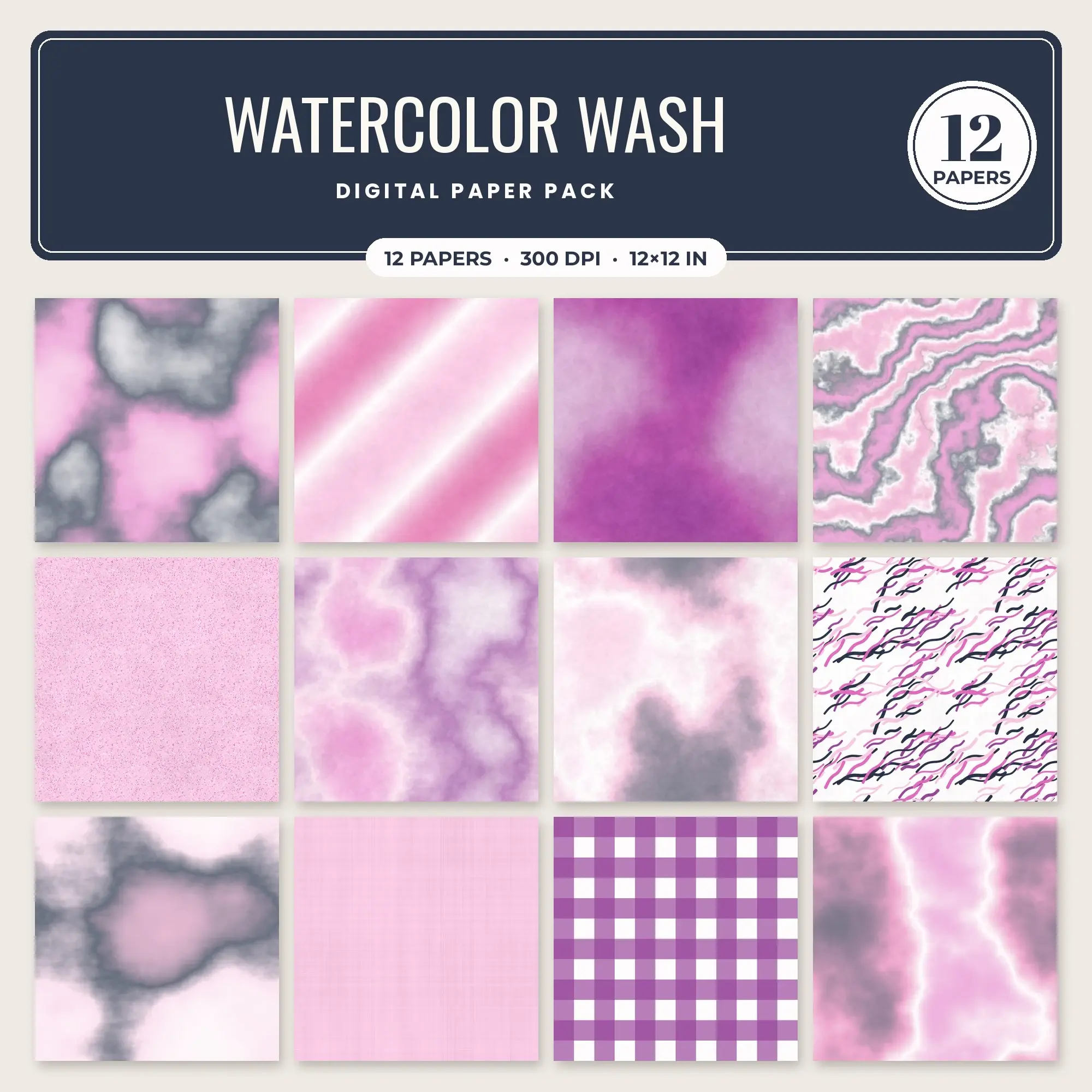 Hot Pink & Bubblegum Watercolor Wash Digital Paper Pack – 12 Seamless Patterns preview