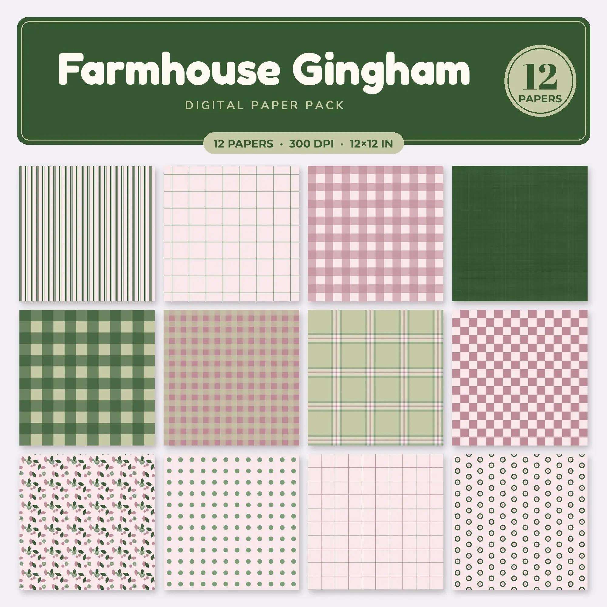 Farmhouse Gingham Digital Paper – 12 Seamless Petal Pink & Antique Rose Patterns preview