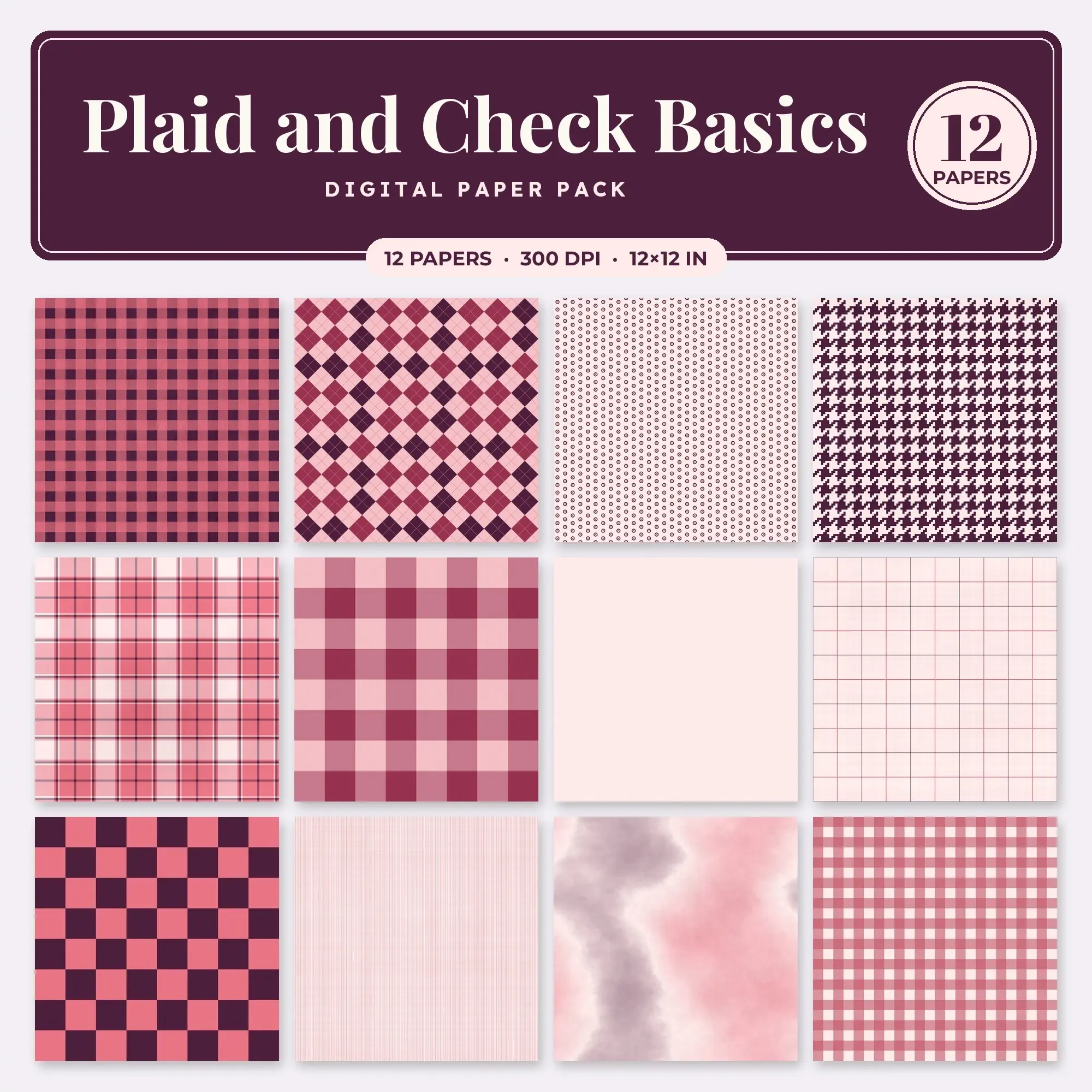 Plaid and Check Basics Digital Paper – 12 Seamless Rose & Petal Pink Patterns preview