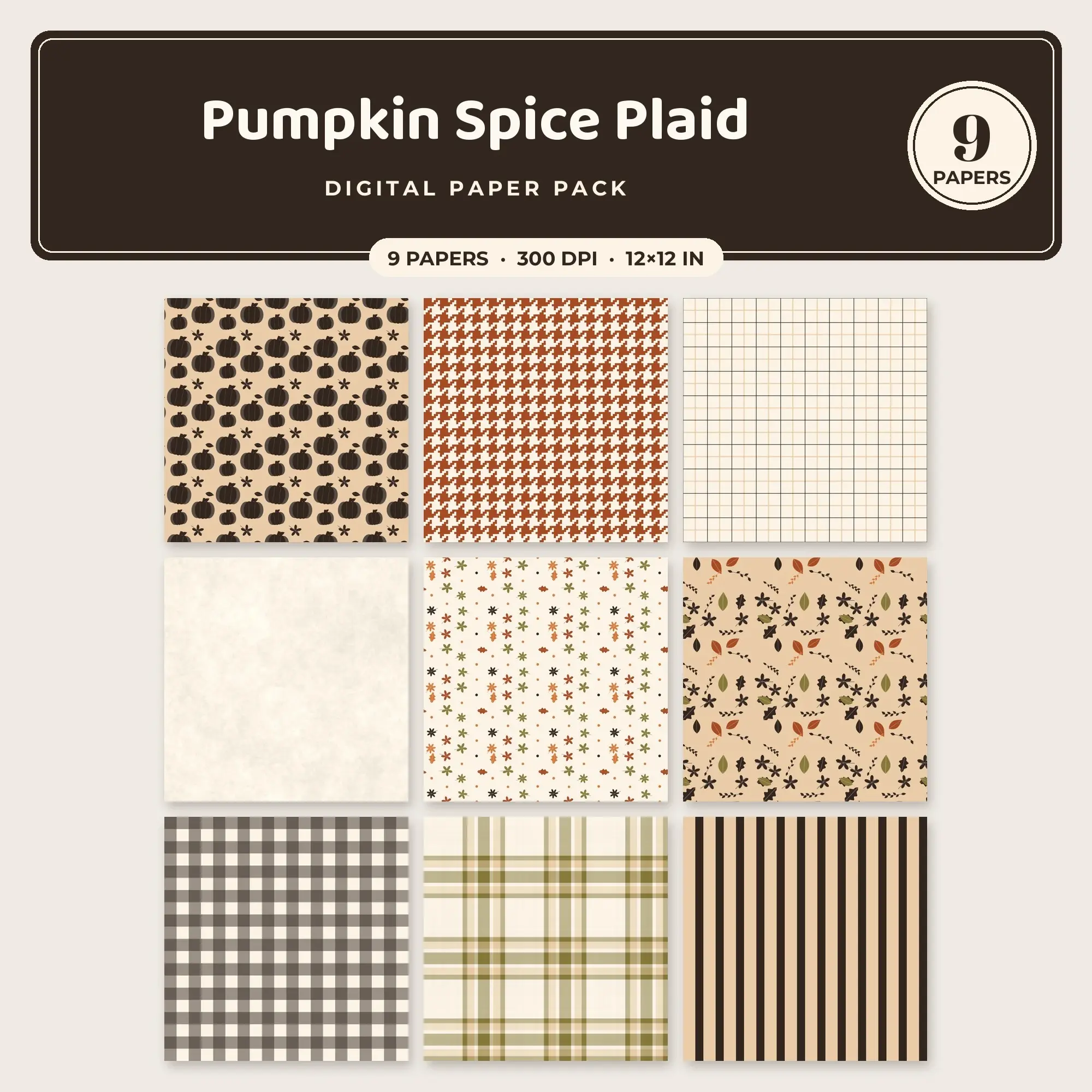 Pumpkin Spice Plaid Seamless Pattern Papers in Pumpkin and Rust – 9 Pack preview