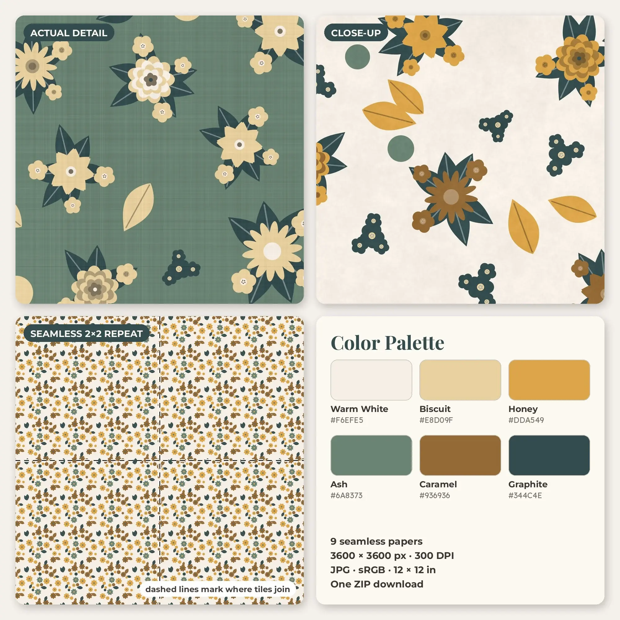 Honey & Caramel Bold Bloom Seamless Digital Paper – 9 Papers, 12x12 JPG, preview 2 of 2