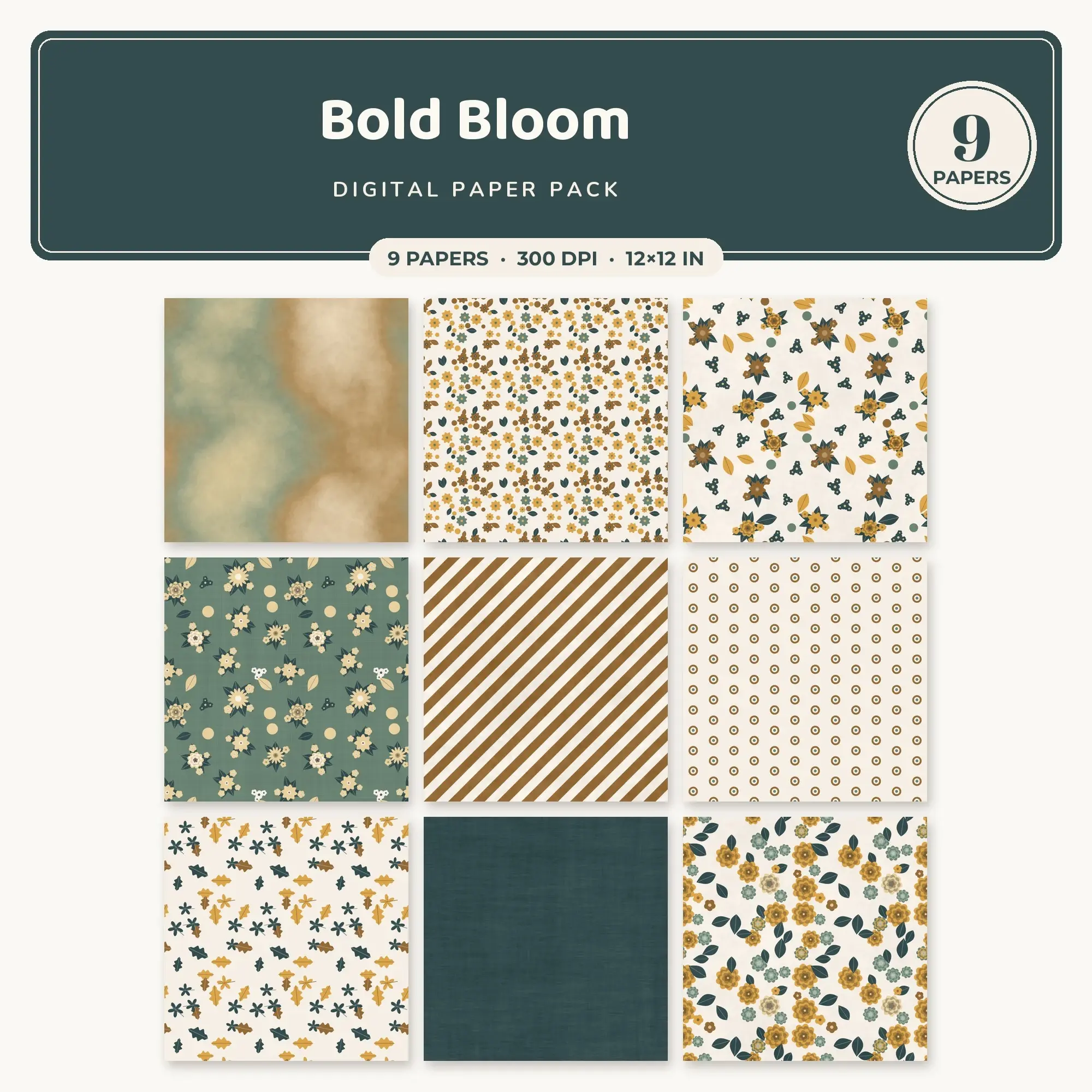 Honey & Caramel Bold Bloom Seamless Digital Paper – 9 Papers, 12x12 JPG, preview 1 of 2