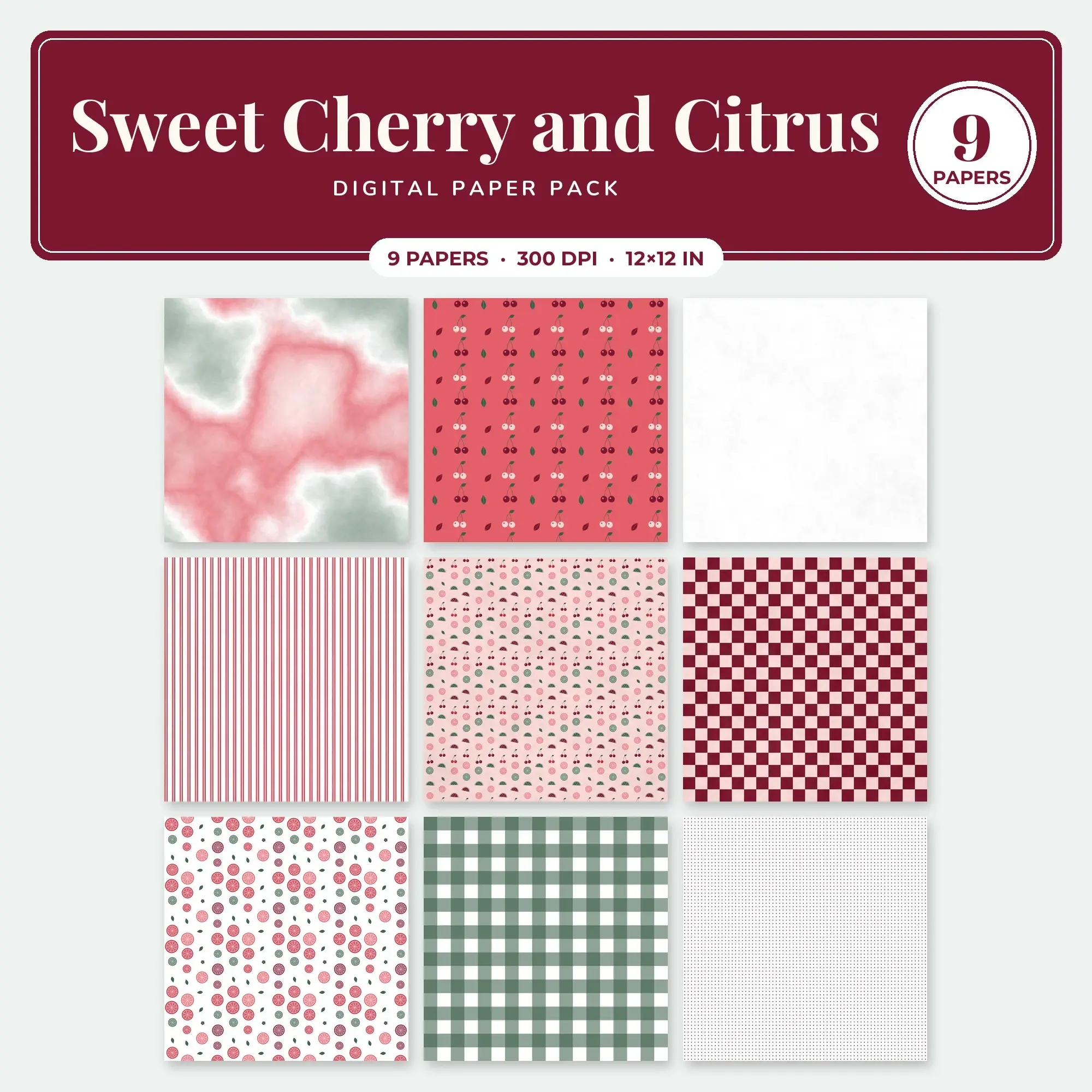 Watermelon & Cherry Red Sweet Cherry and Citrus Seamless Digital Paper – 9 Papers, 12x12 JPG preview