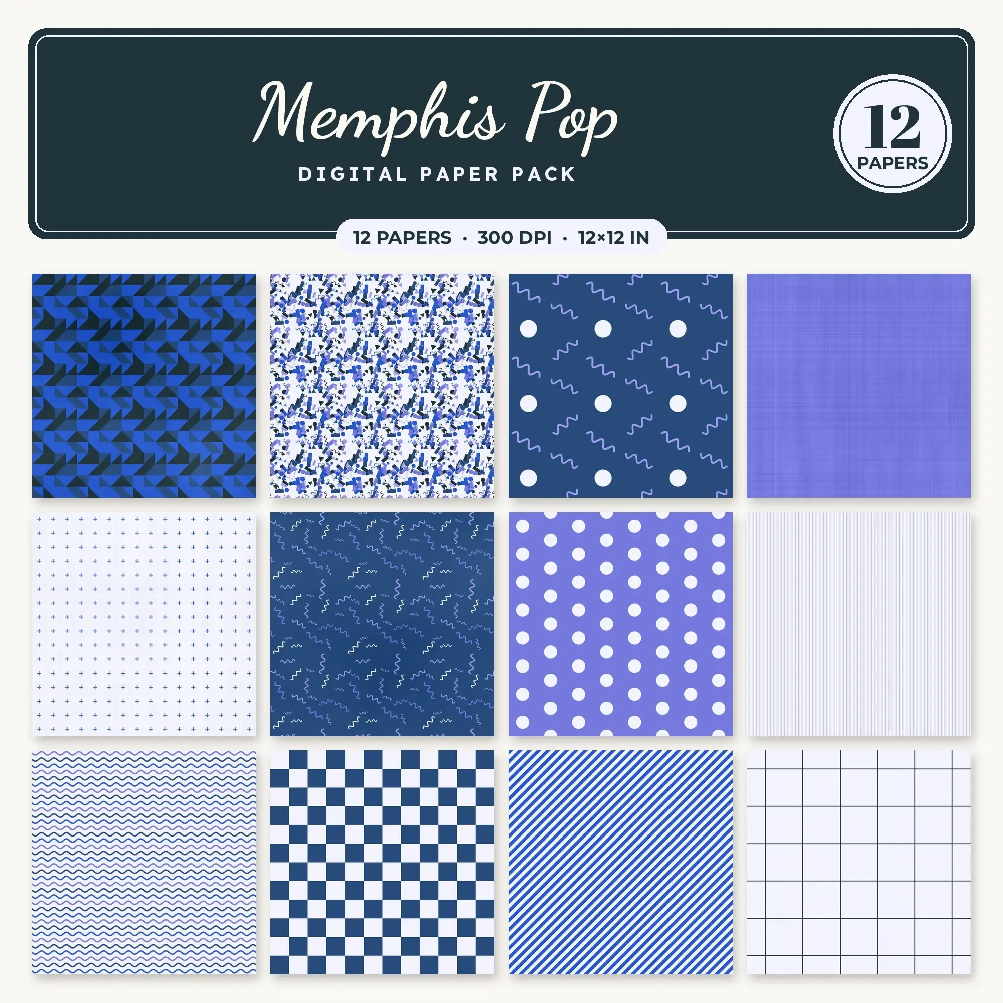 Cobalt Memphis Pop Seamless Digital Paper Pack, 12 Papers 12x12 preview