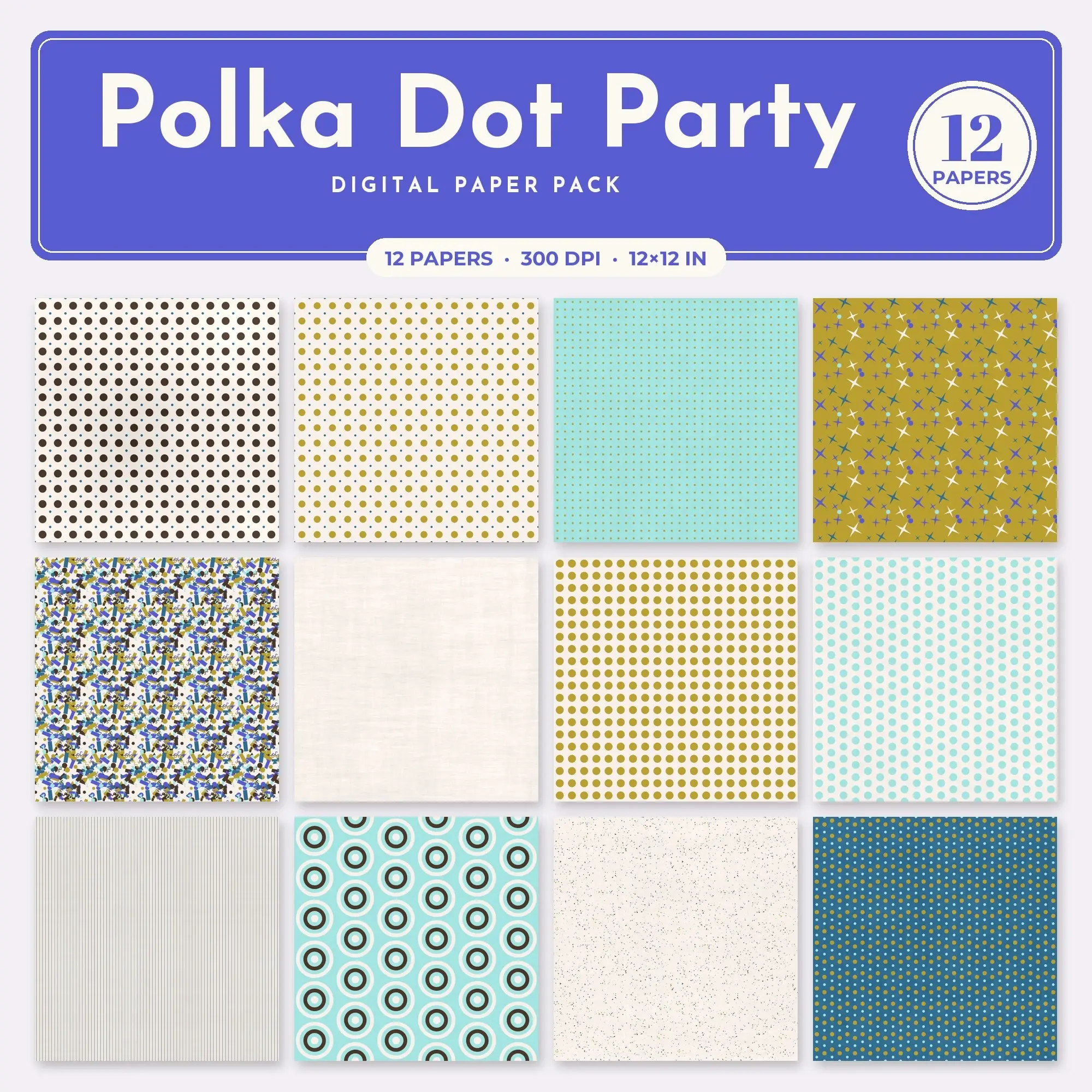 Polka Dot Party Digital Paper – 12 Seamless Cobalt & Mustard Patterns preview