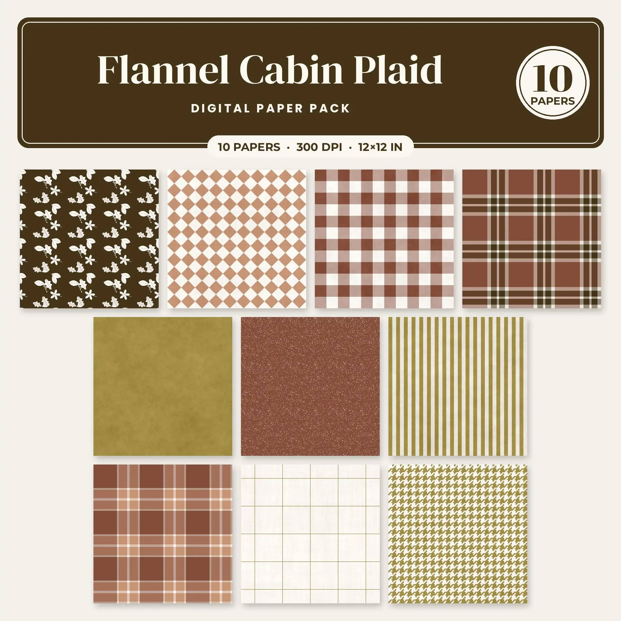 Camel & Walnut Flannel Cabin Plaid Seamless Digital Paper – 10 Papers, 12x12 JPG preview
