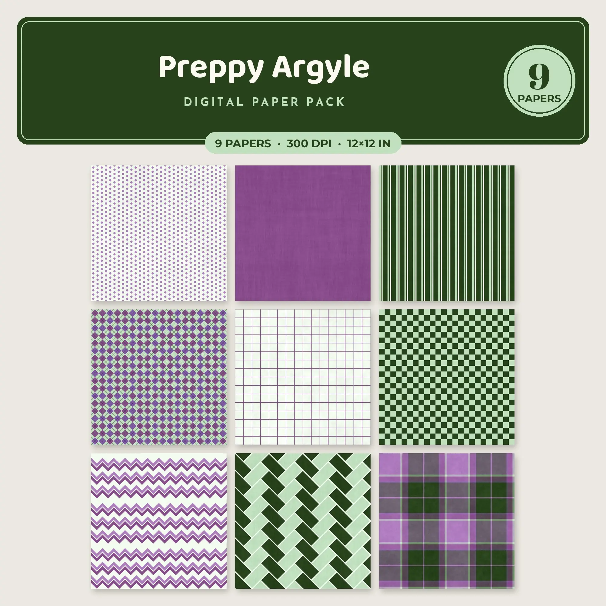 Orchid & Amethyst Preppy Argyle Seamless Digital Paper – 9 Papers, 12x12 JPG preview