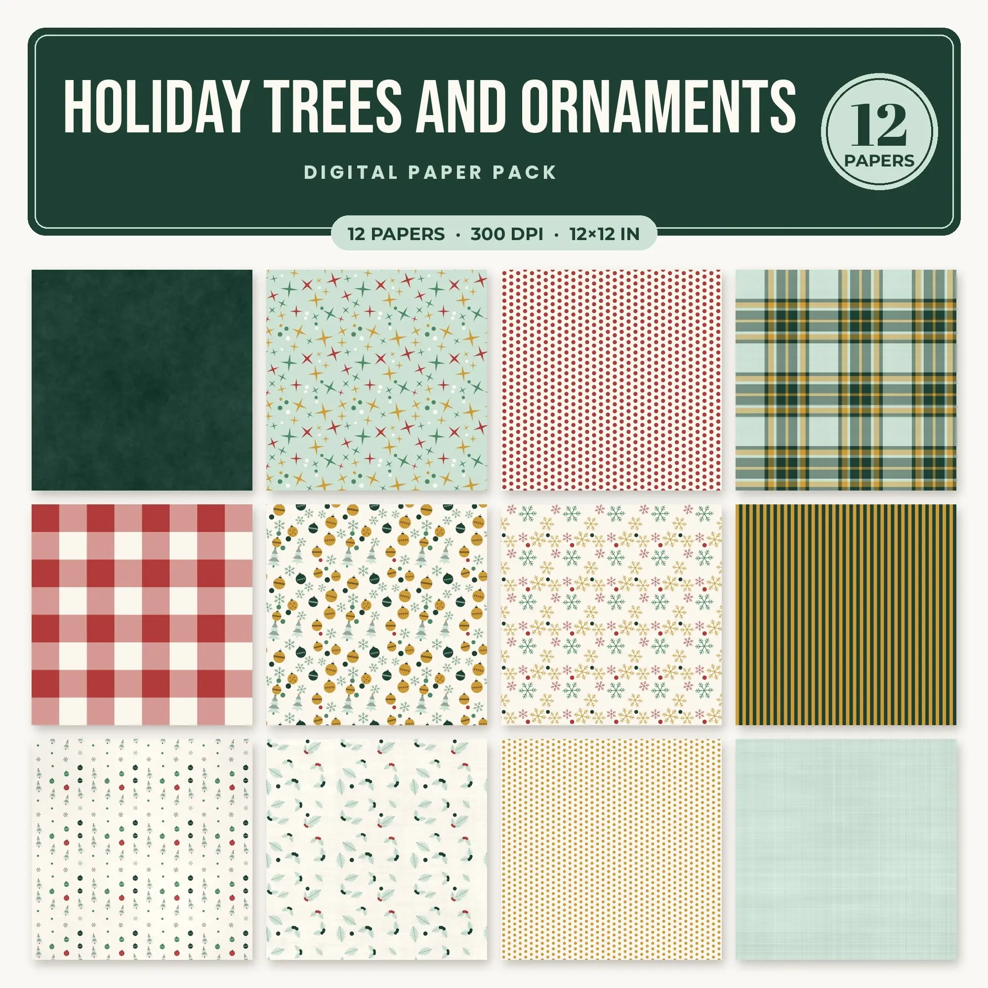 12 Honey Holiday Trees and Ornaments Seamless Patterns – Digital Paper preview