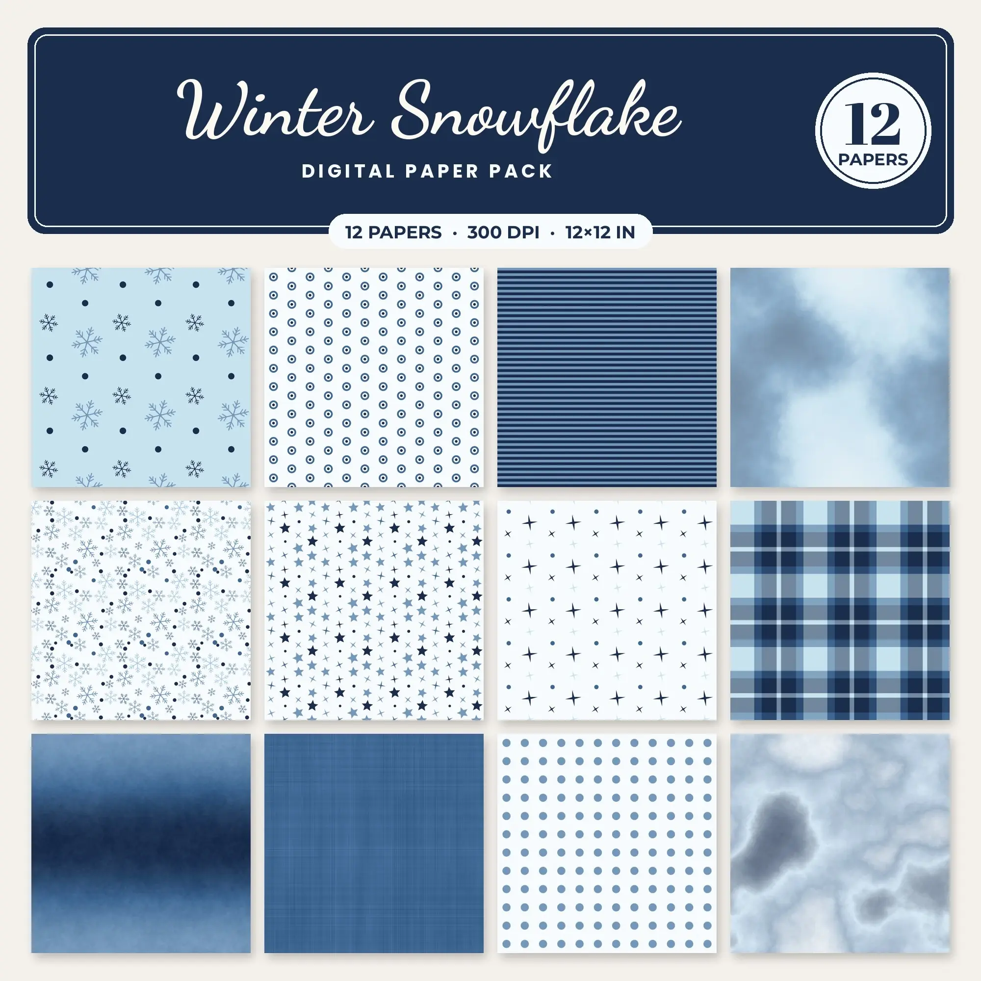Sky Blue & Denim Winter Snowflake Digital Paper Pack – 12 Seamless Patterns preview