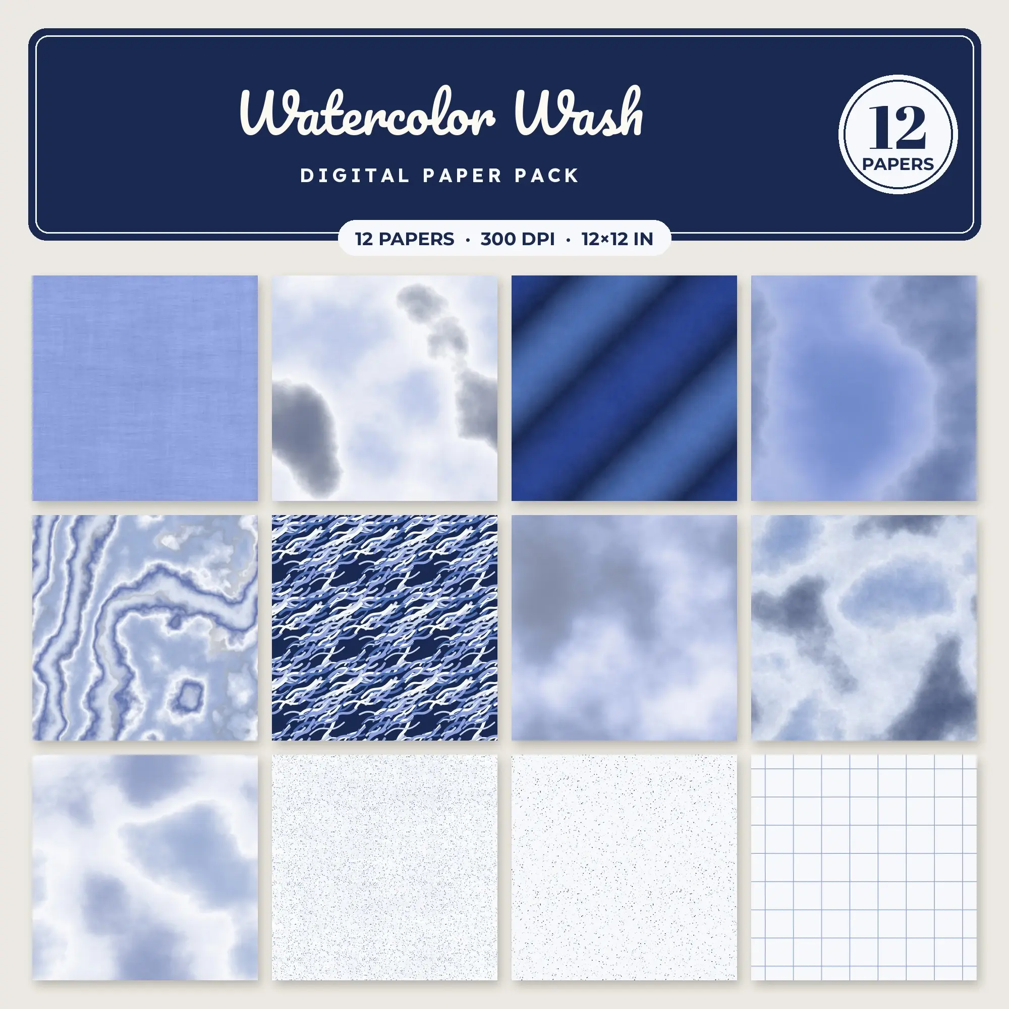 Periwinkle & Indigo Watercolor Wash Seamless Digital Paper – 12 Papers, 12x12 JPG preview