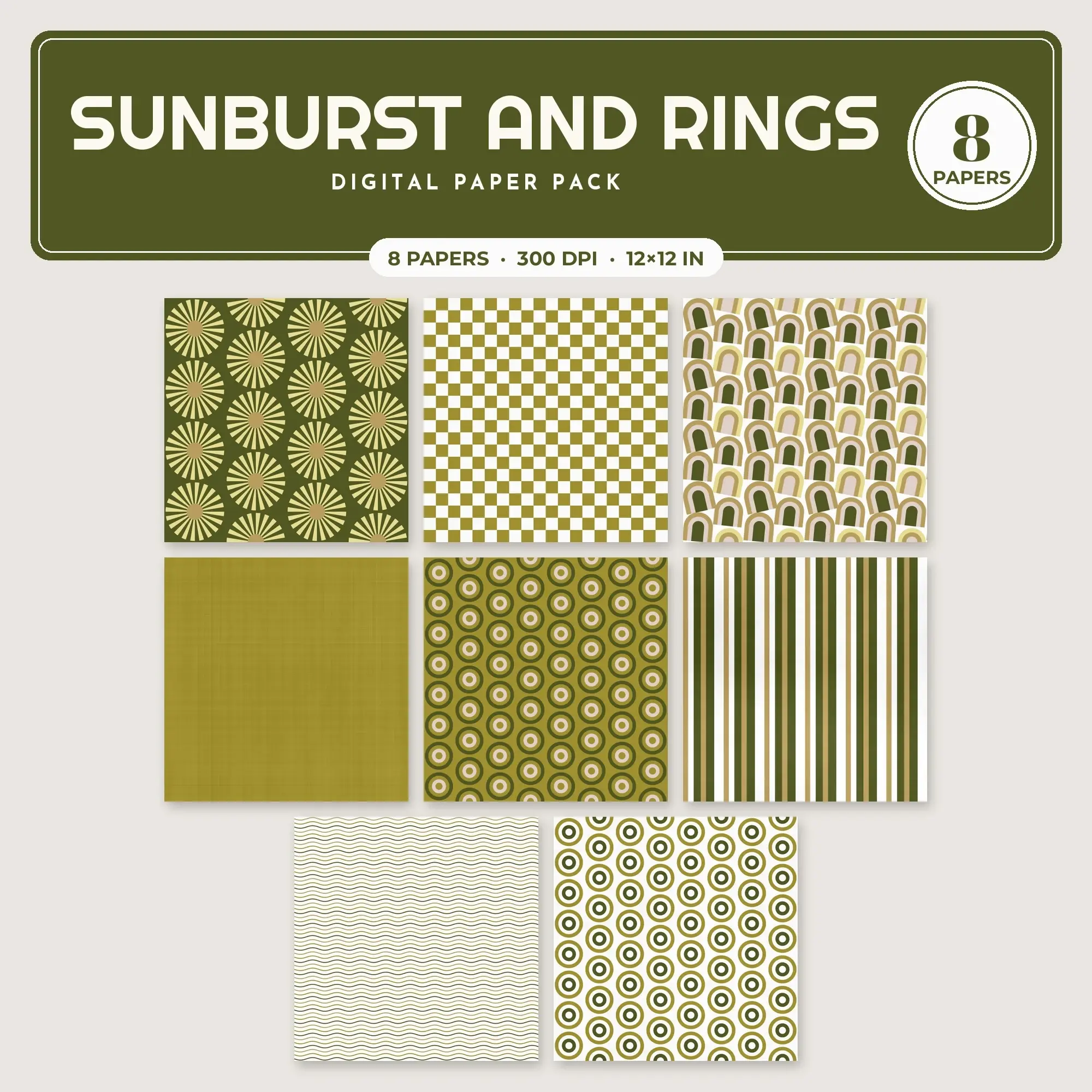 Gold & Camel Sunburst and Rings Digital Paper Pack – 8 Seamless Patterns preview