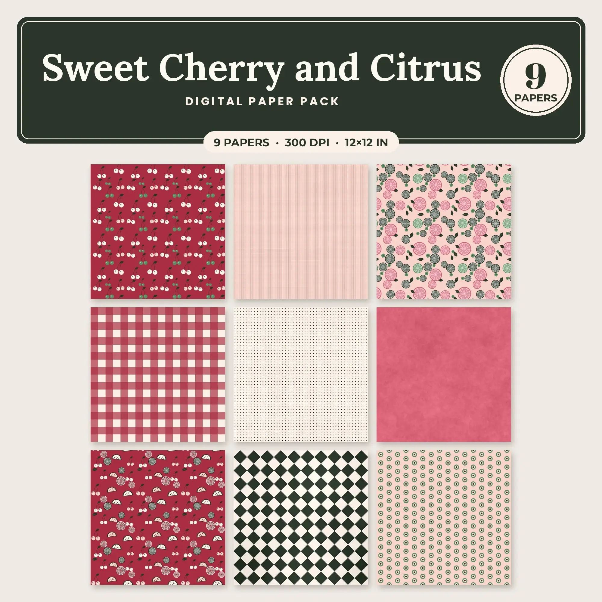 Rose & Blush Sweet Cherry and Citrus Seamless Digital Paper – 9 Papers, 12x12 JPG preview