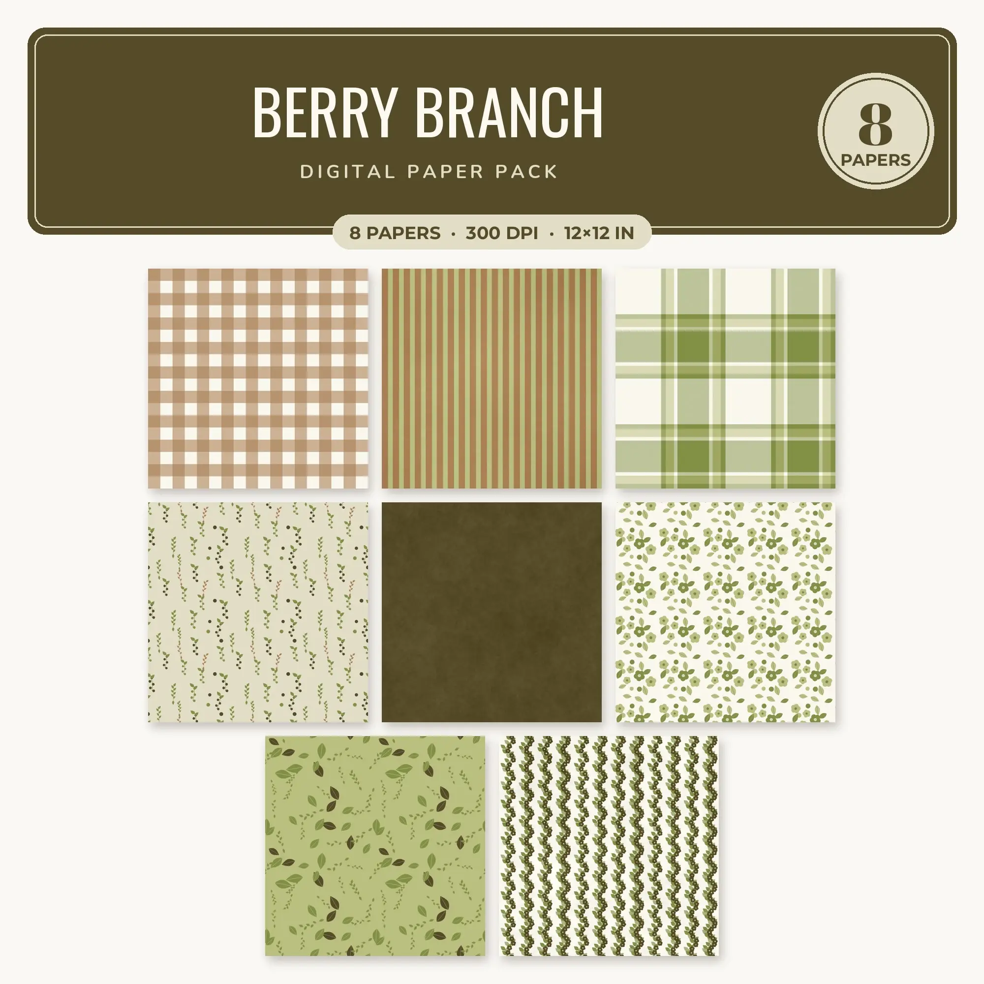 8 Camel Berry Branch Seamless Patterns – Digital Paper preview