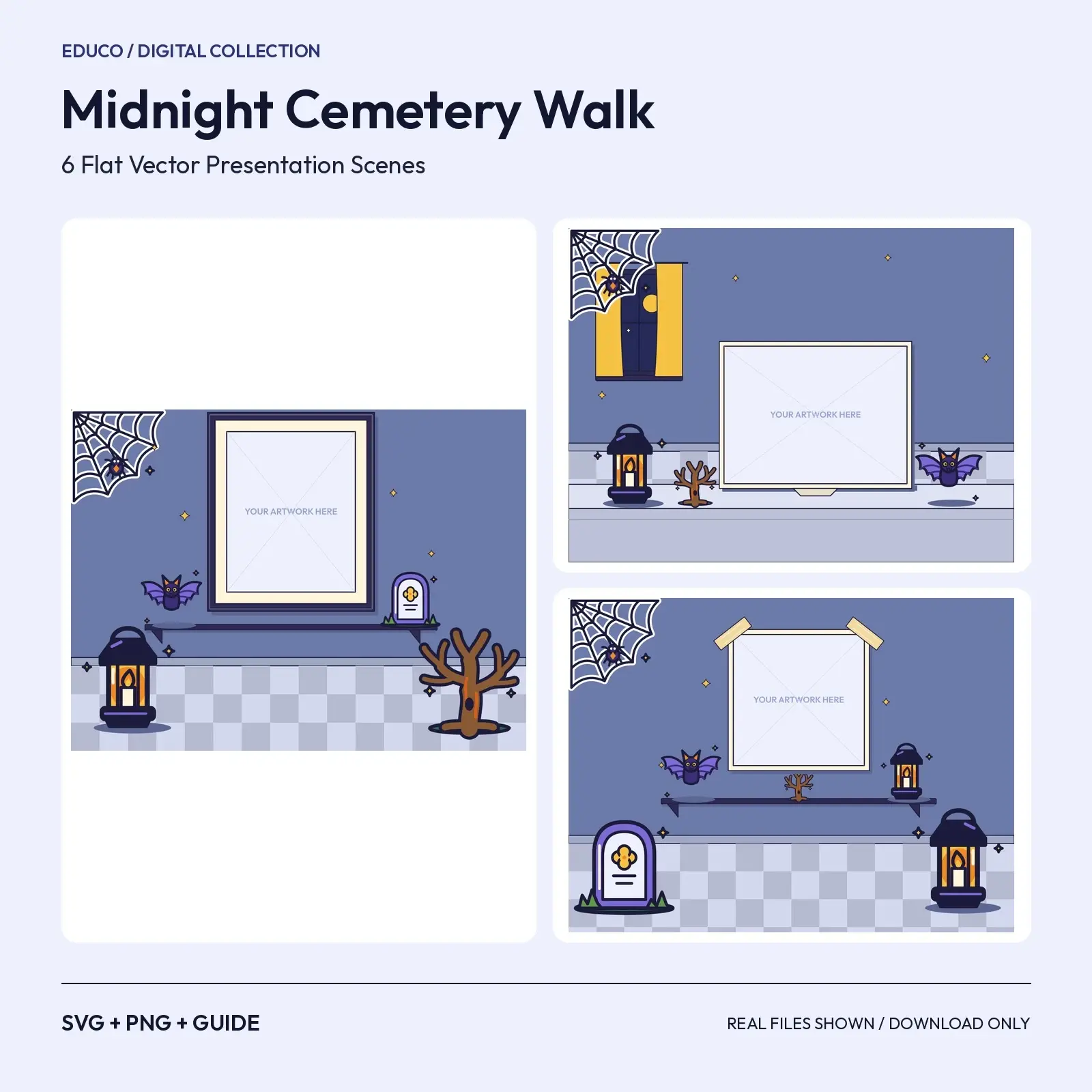 Midnight Cemetery Walk – 6 Flat Vector Halloween Presentation Scenes preview