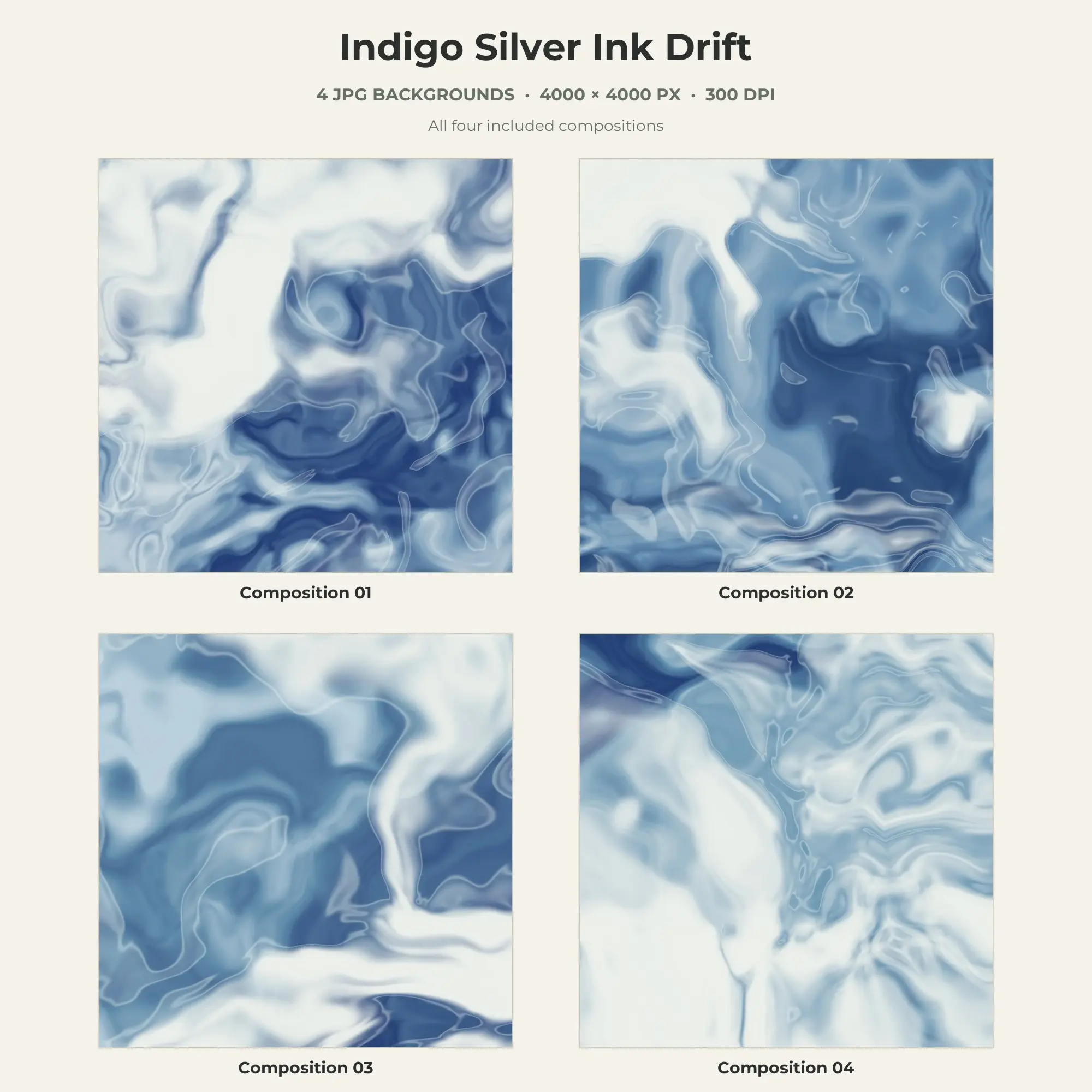 Indigo Silver Ink Drift Texture Pack - 4 JPG preview
