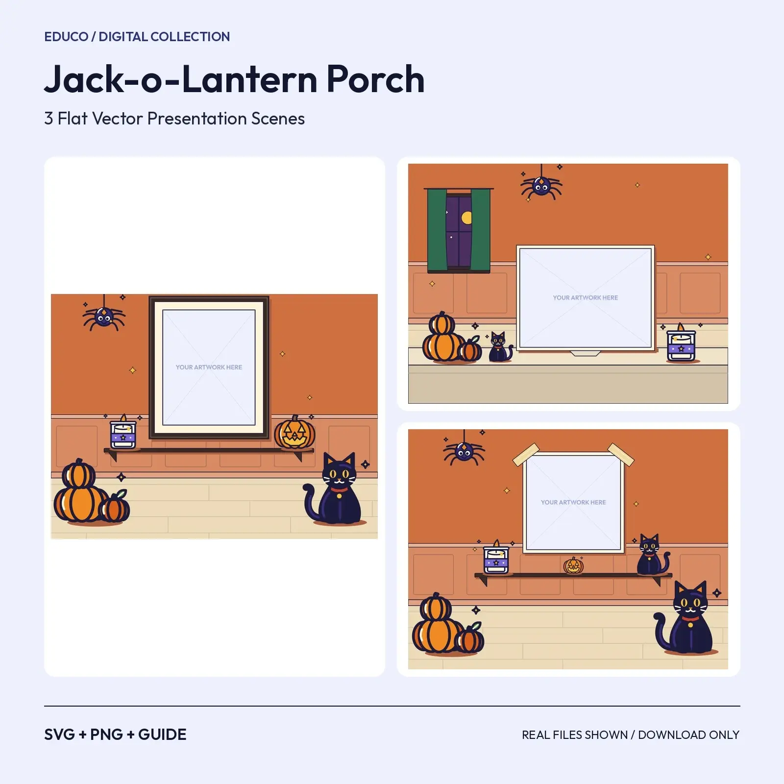 Jack-o-Lantern Porch – 3 Flat Vector Halloween Presentation Scenes preview