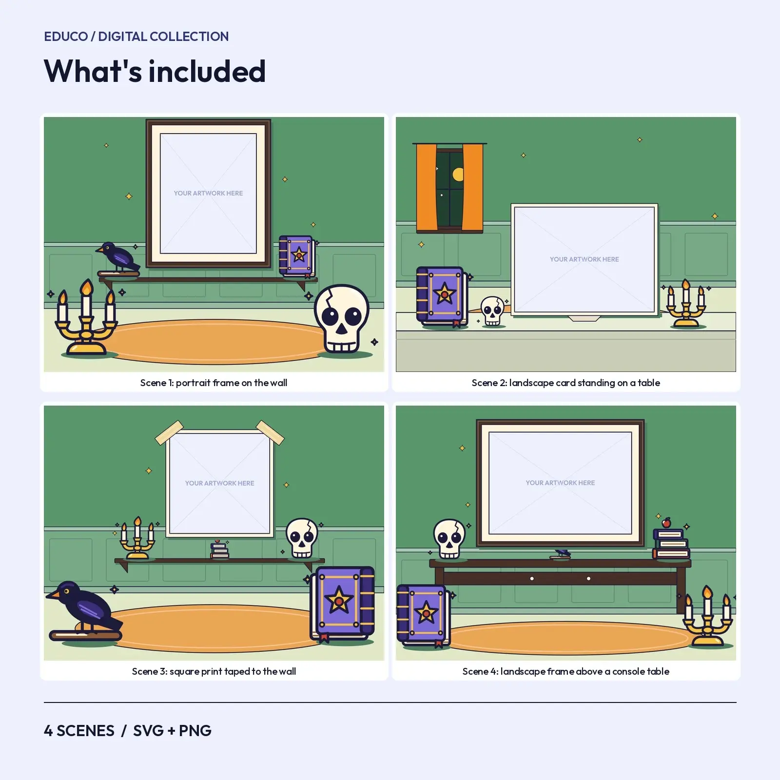 Raven Library – 4 Flat Vector Halloween Presentation Scenes, preview 2 of 3