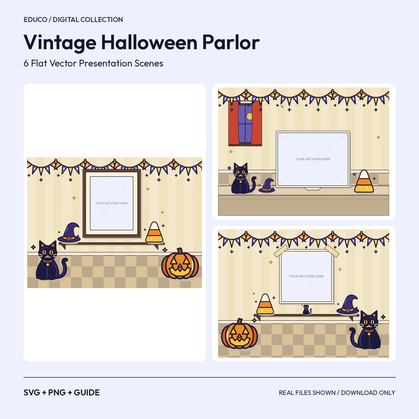 Vintage Halloween Parlor – 6 Flat Vector Halloween Presentation Scenes preview