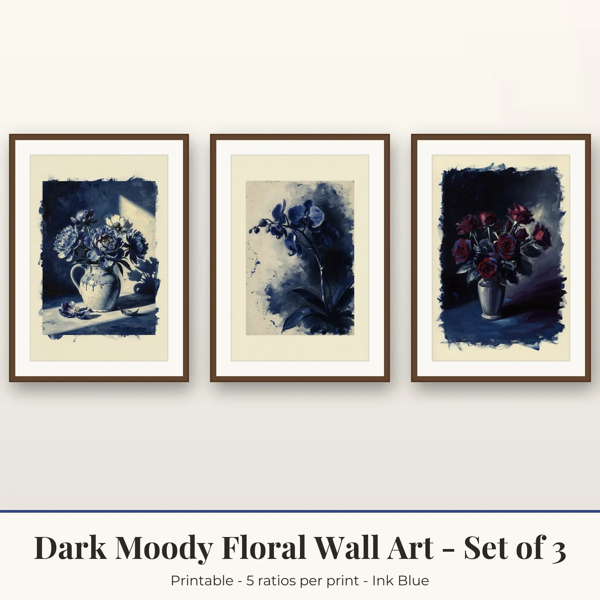 Orchid Shadow Dark Moody Floral Set of 3 - Ink Blue preview
