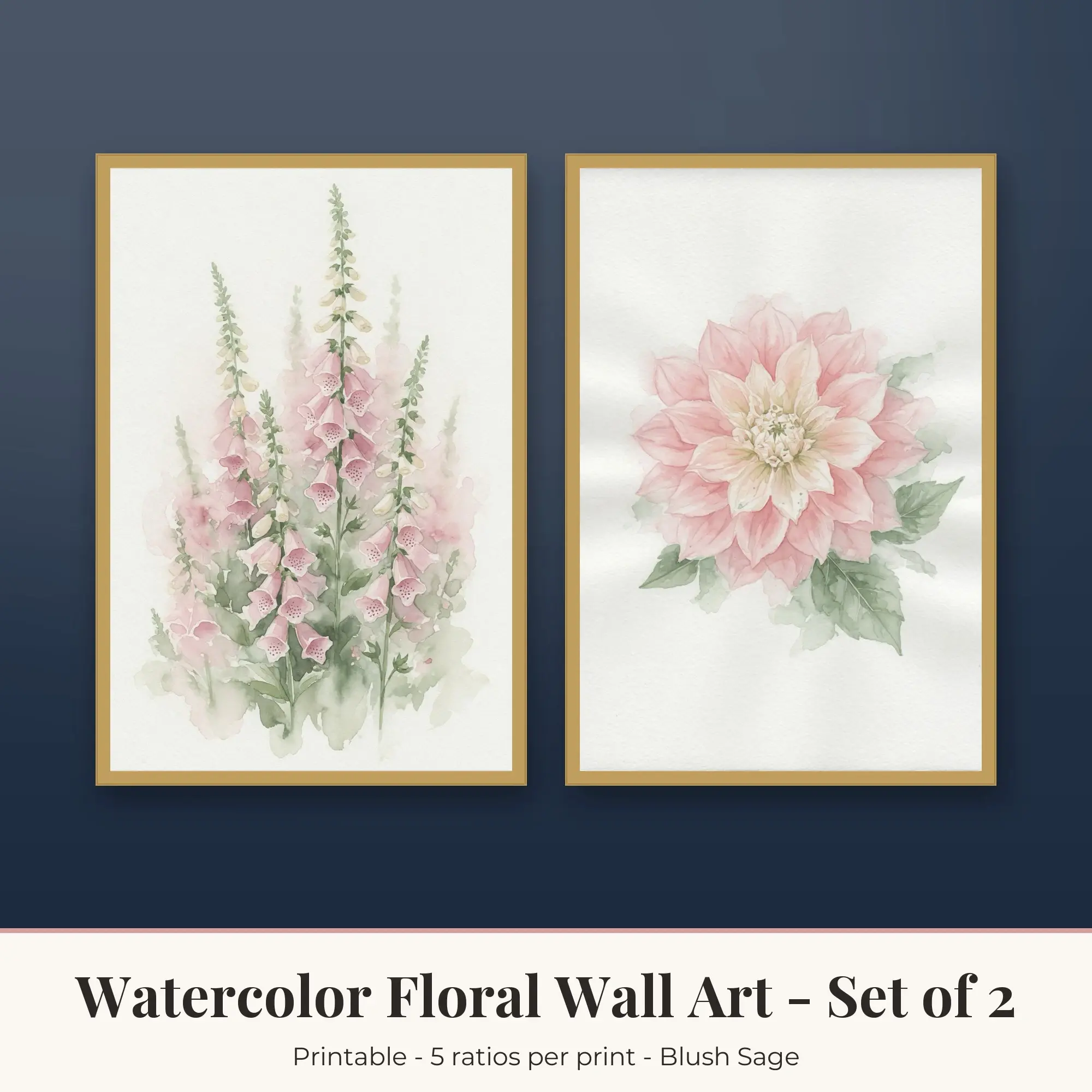 Watercolor Floral Wall Art Set of 2 - Foxglove and Dahlia - Blush Sage preview