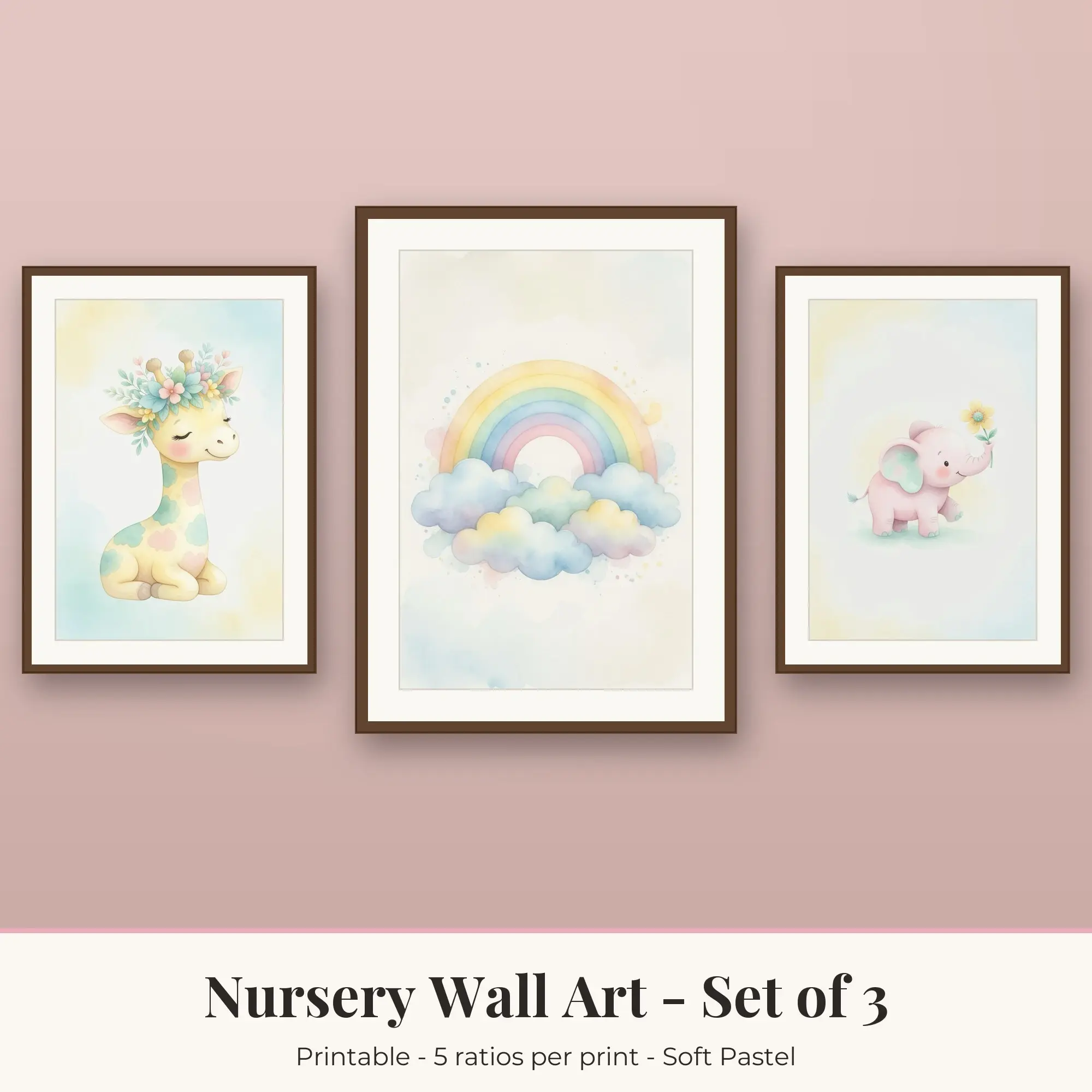 Nursery Wall Art Set of 3, Soft Pastel Safari Giraffe & Rainbow Clouds preview