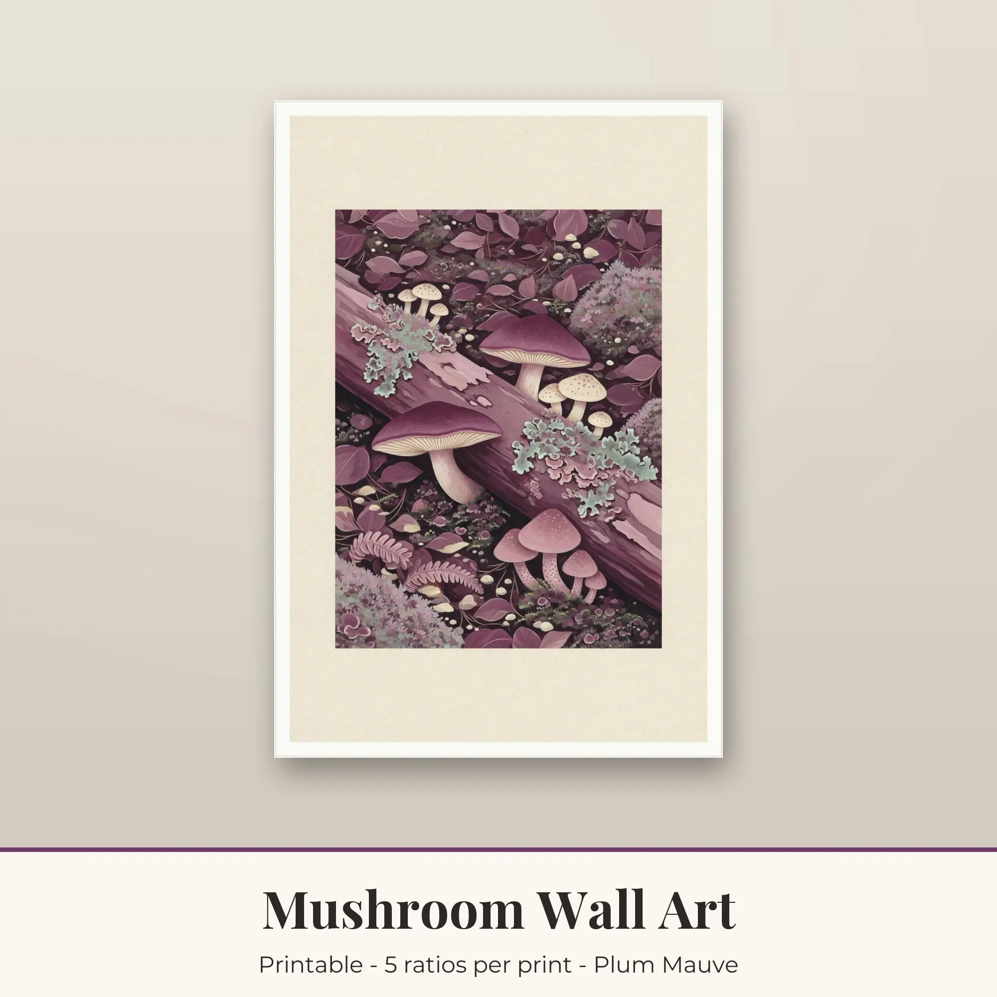 Mushroom Wall Art Print - Lichen Log - Plum Mauve preview