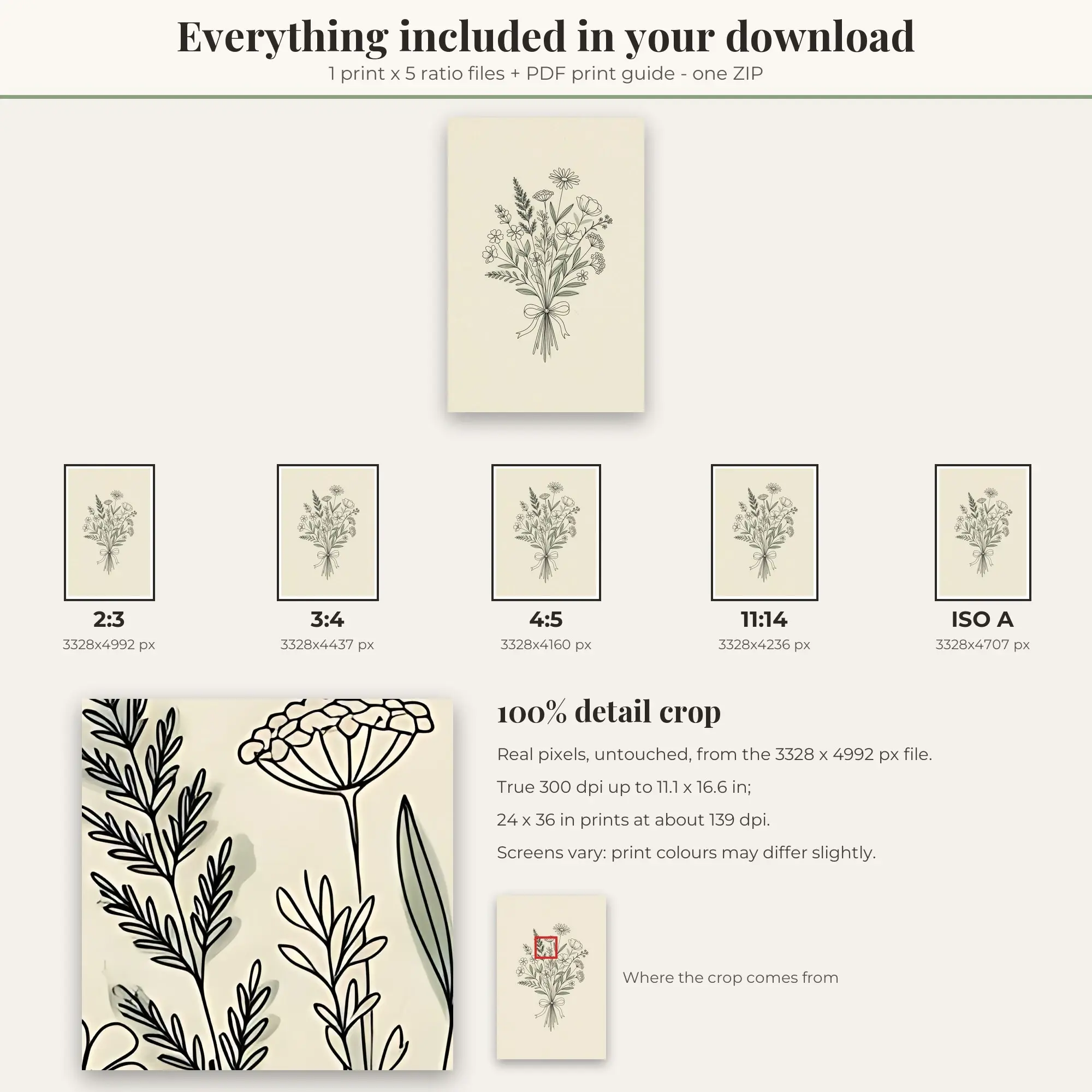 Botanical Line Art Wall Art Print, Wildflower Bouquet, Printable, preview 2 of 2