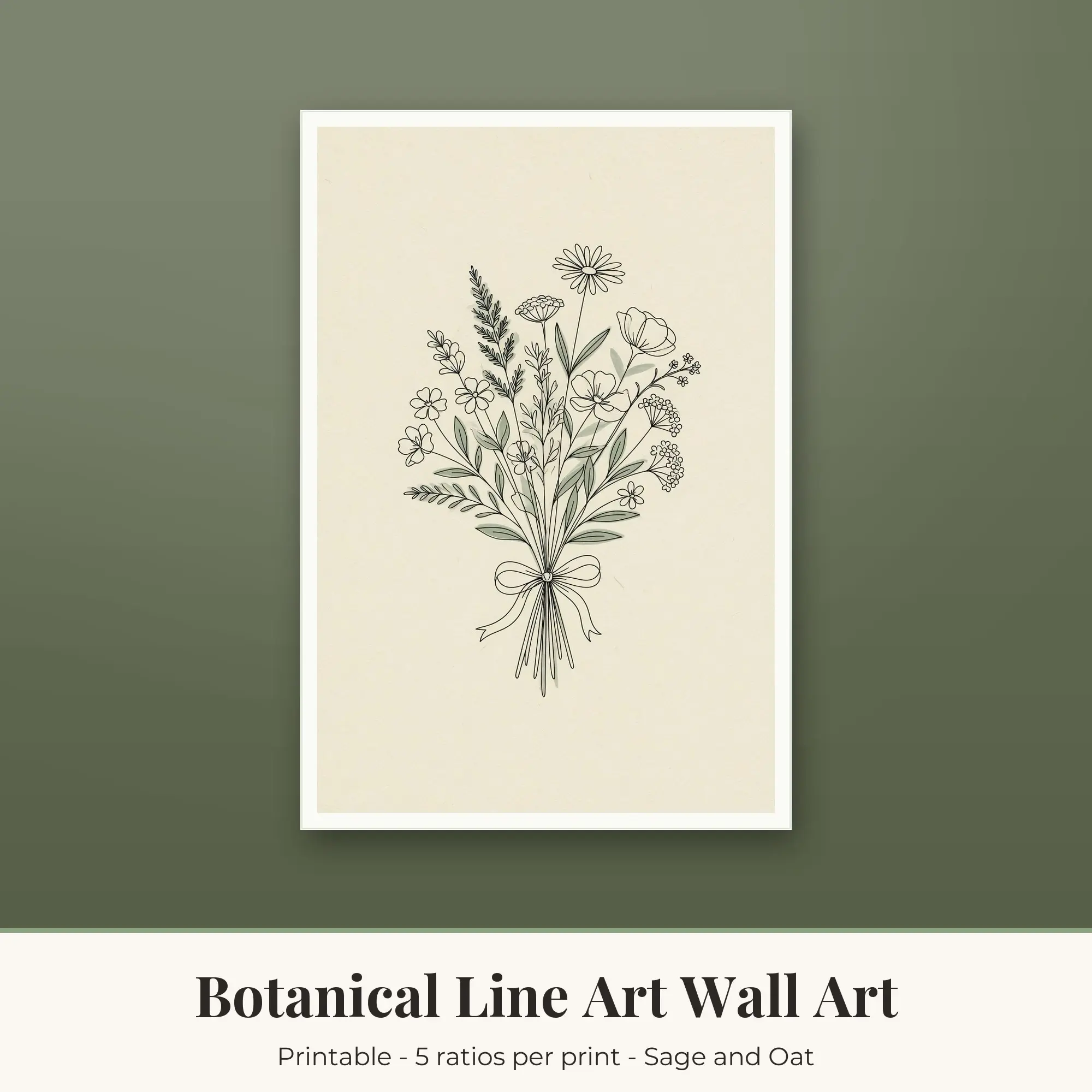 Botanical Line Art Wall Art Print, Wildflower Bouquet, Printable preview