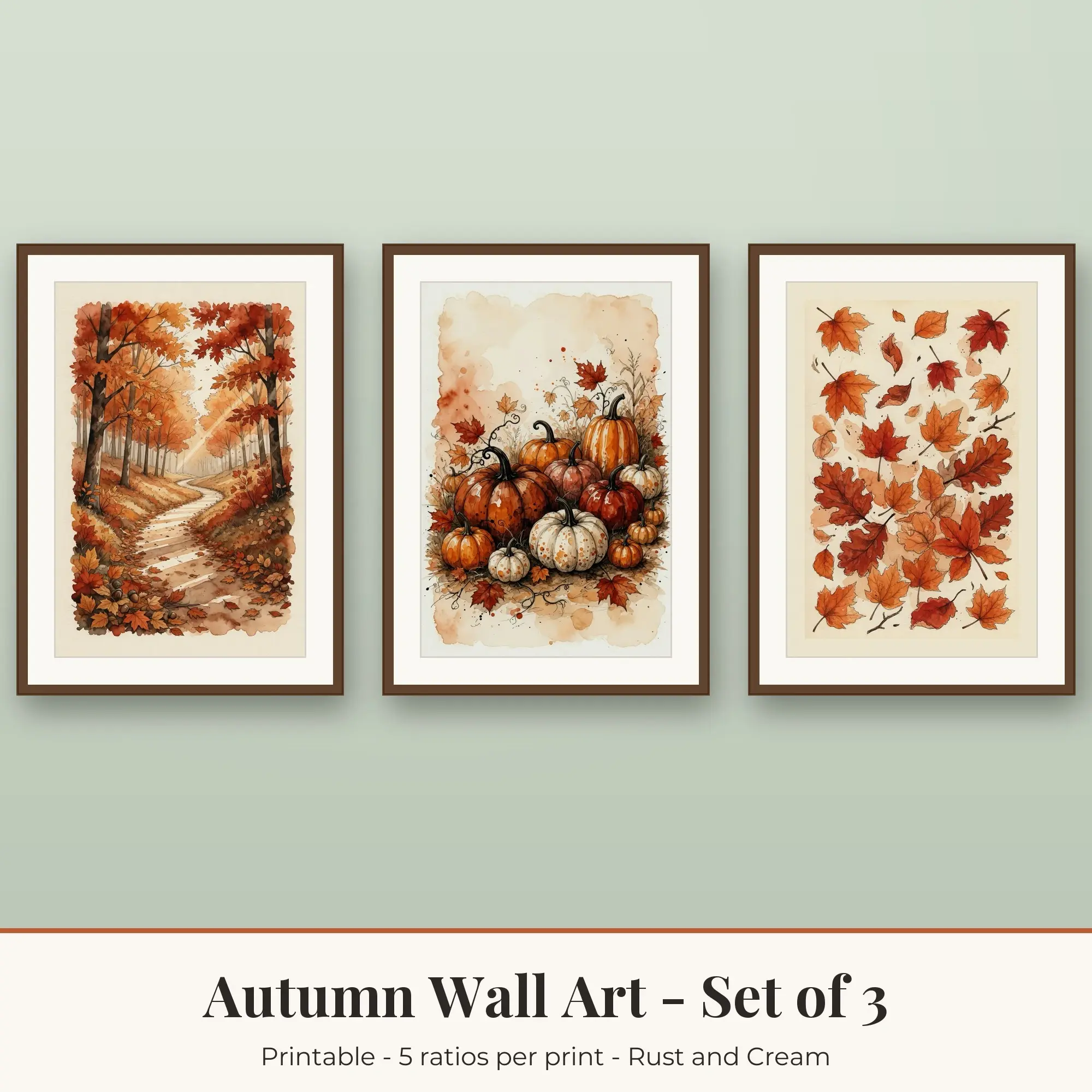 Autumn Wall Art Set of 3, Rust and Cream Autumn Forest & Pumpkin Patch preview