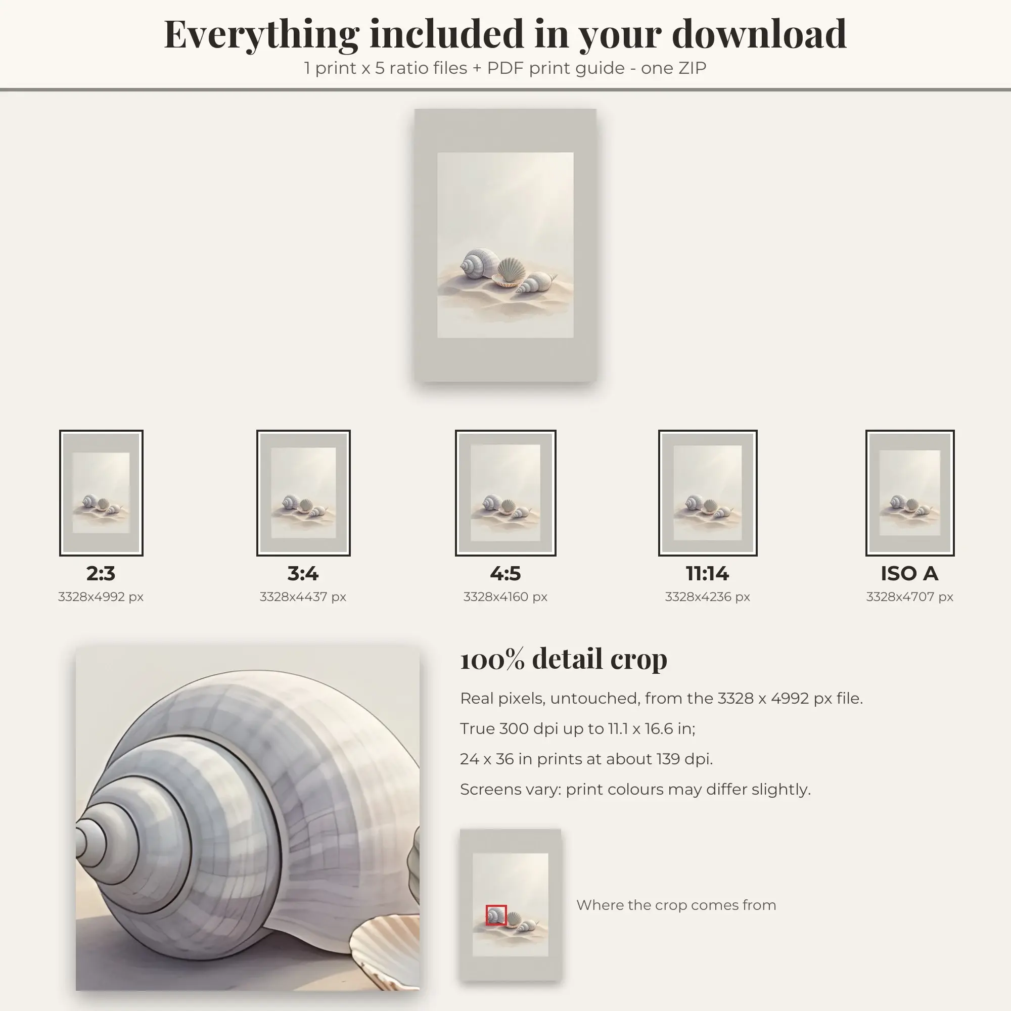 Bathroom Wall Art Print, Stone Gray Seashells, preview 2 of 2