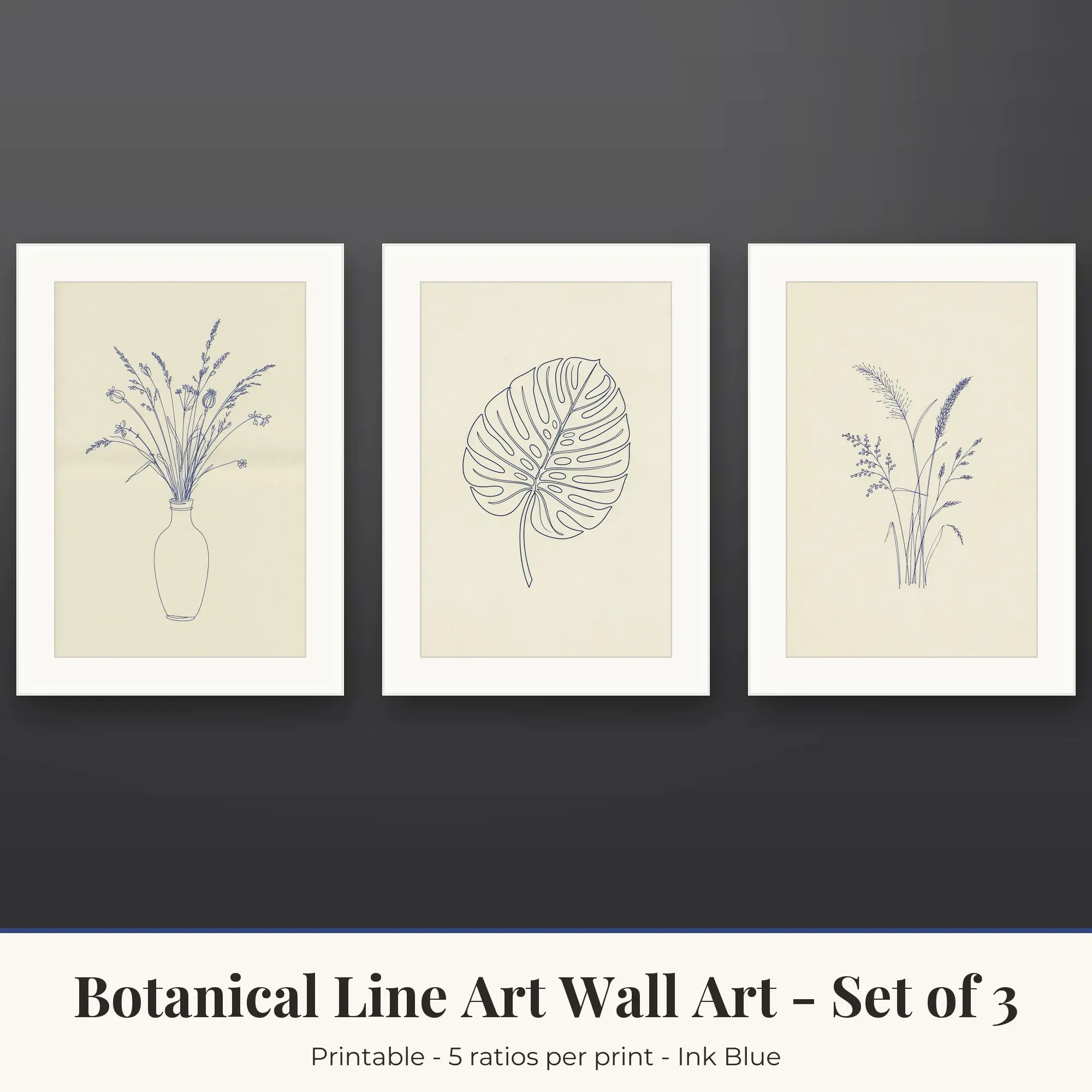 Botanical Line Art Wall Art Set of 3, Ink Blue Dried Stems & Monstera preview